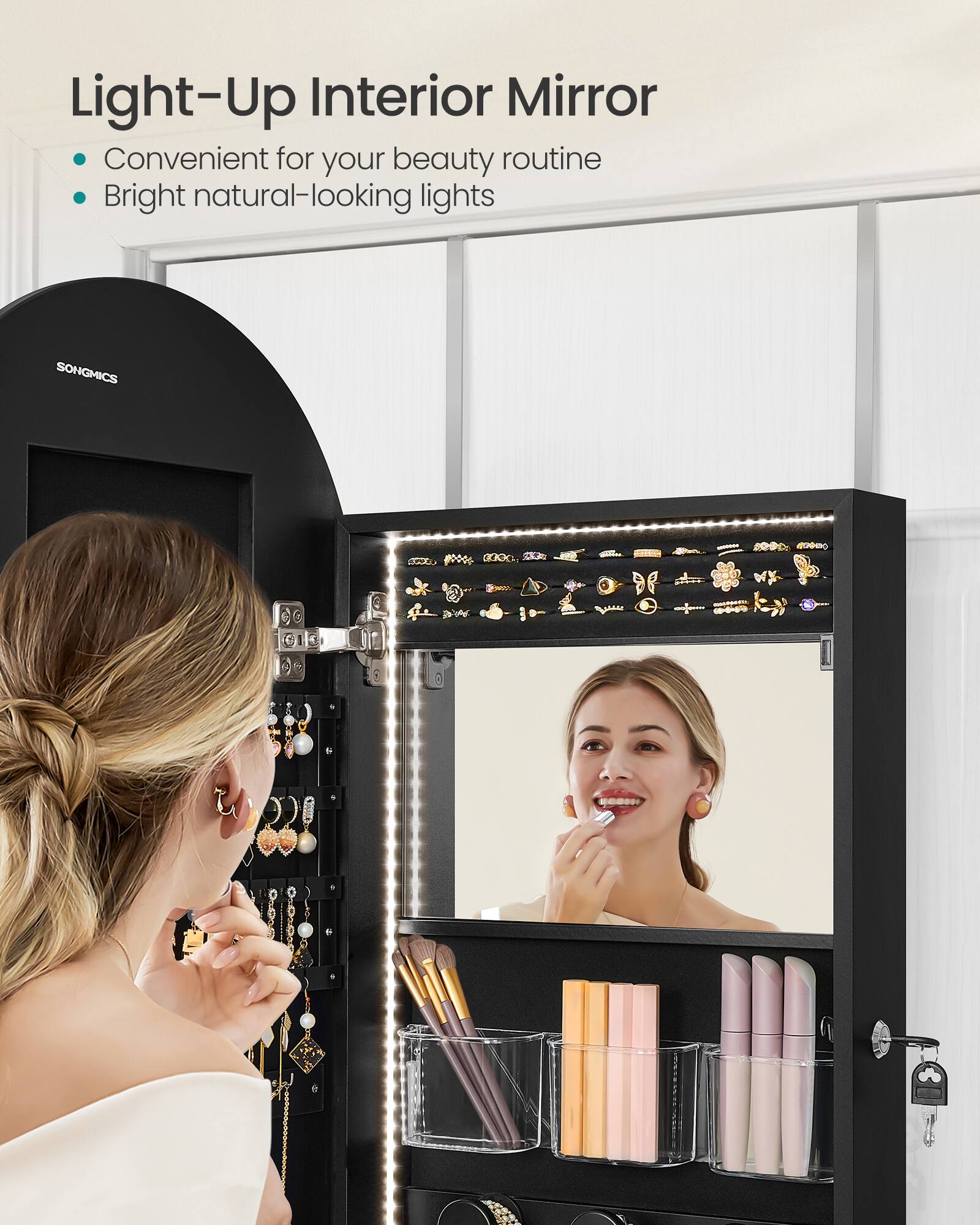 Light-Up Interior Mirror  
Convenient for your beauty routine  
Bright natural-looking lights  

SONGMICS