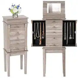 Gymax - Standing Jewelry Cabinet Storage Organizer Wood Legs Mirror&5 Drawers Christmas Gift - Light Gray