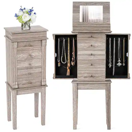 Front. Gymax - Gymax Standing Jewelry Cabinet Storage Organizer Wood Legs Mirror&5 Drawers Christmas Gift - Light Gray.