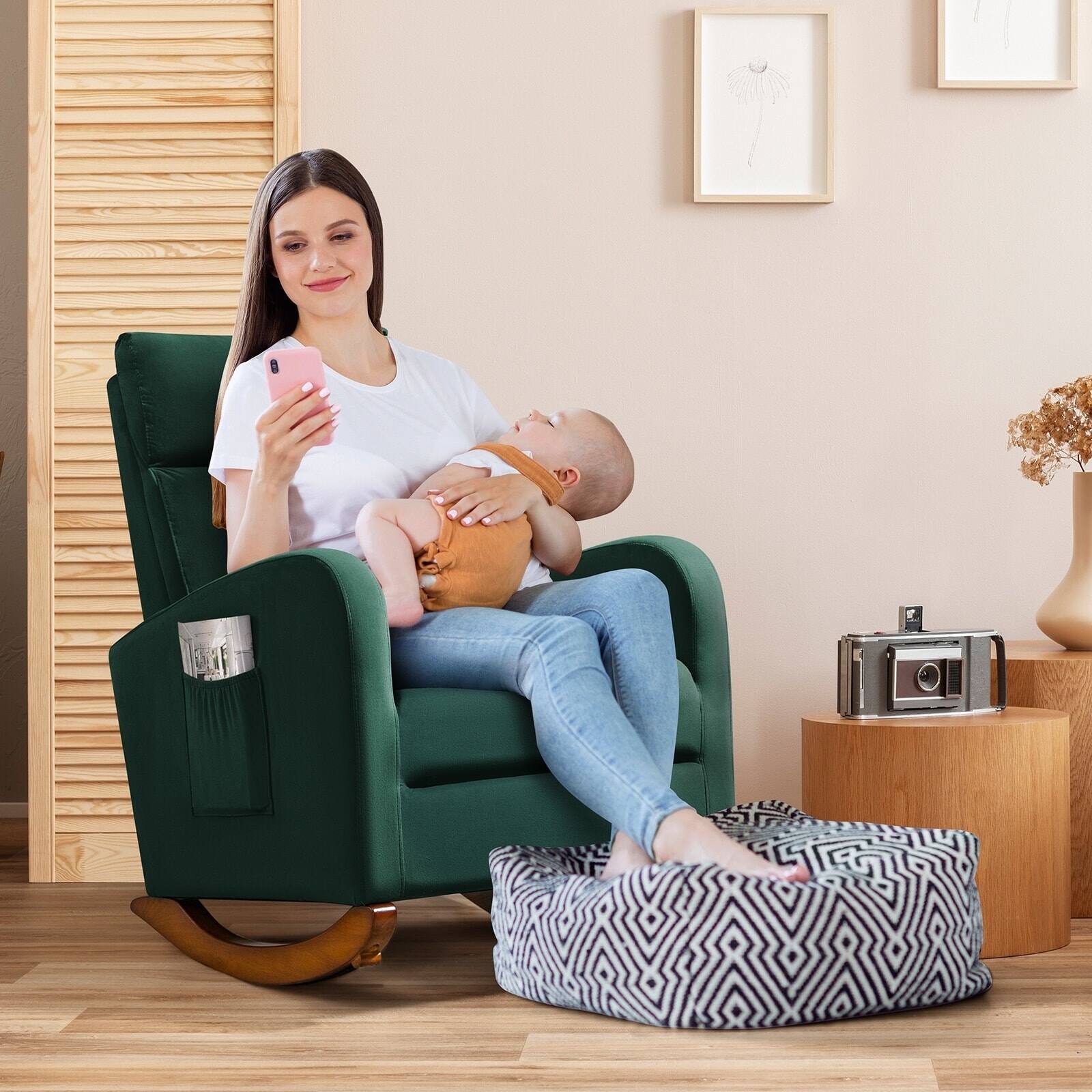 Angle. U-HOMY - Mid Century Velvet Rocking Chair with High Back – Upholstered Glider Armchair for Nursery or Living Room - Green.