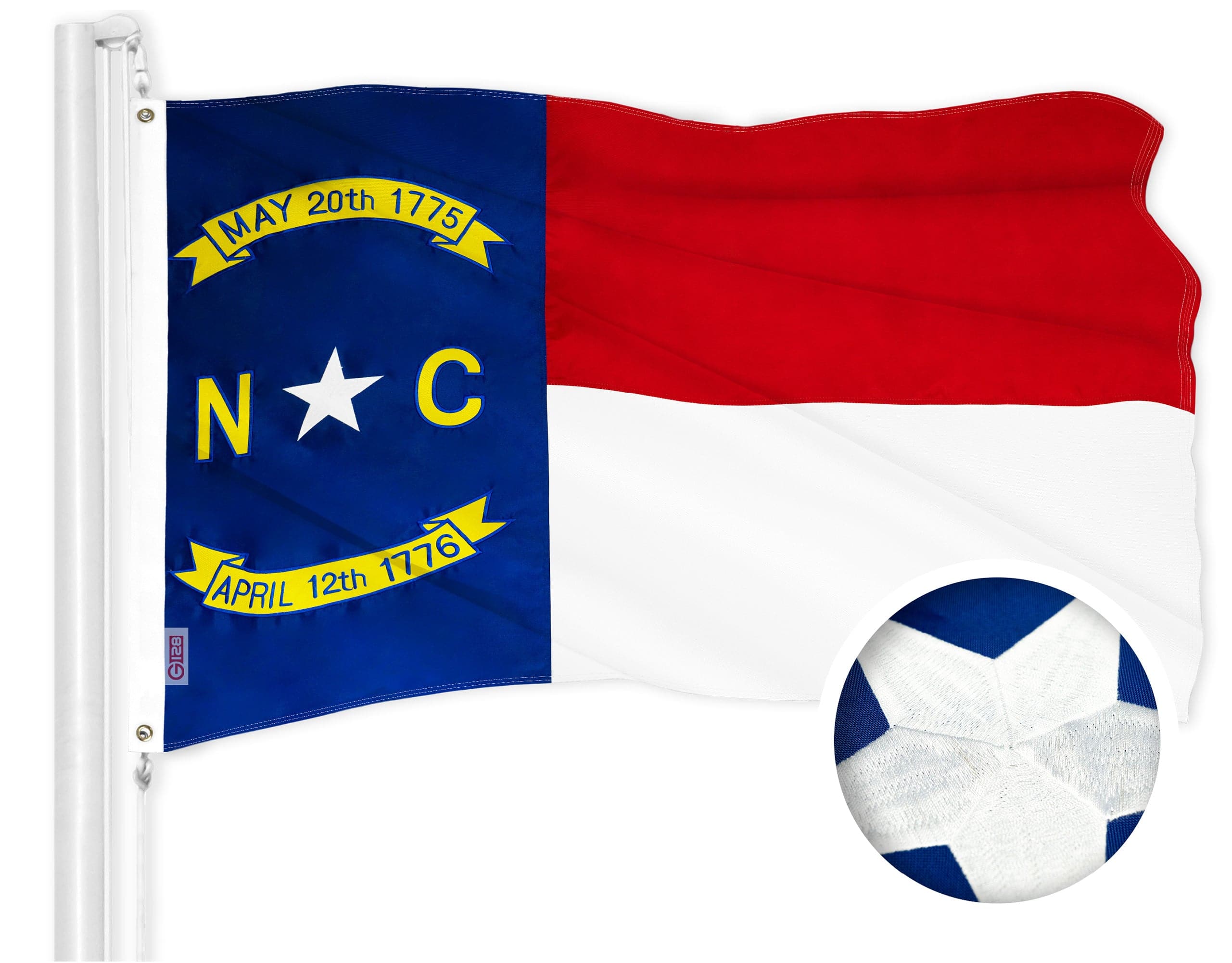G128 - North Carolina State Flag - 1 x 1.5 ft Embroidered 300D Polyester, Brass Grommets - Assorted Colors