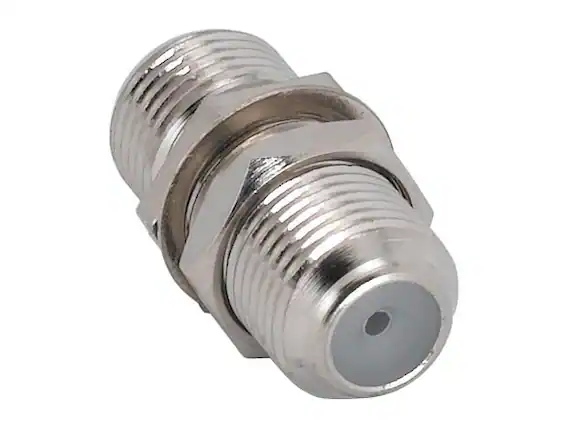 Front. Cable Leader - F-Type Female to Female Chassis Mount Coupler, 75-Ohm, Keystone - Silver.