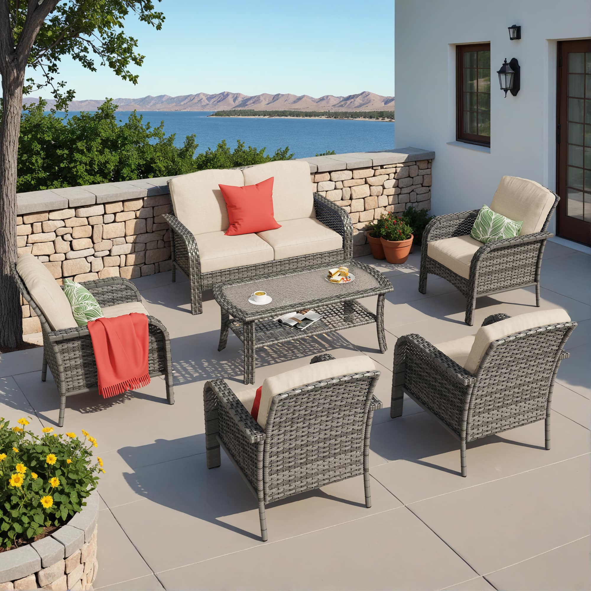 Ovios - 6 PCS Patio Furniture Set High Back Loveseat Wicker Armchairs with Coffee Table for Garden - Beige