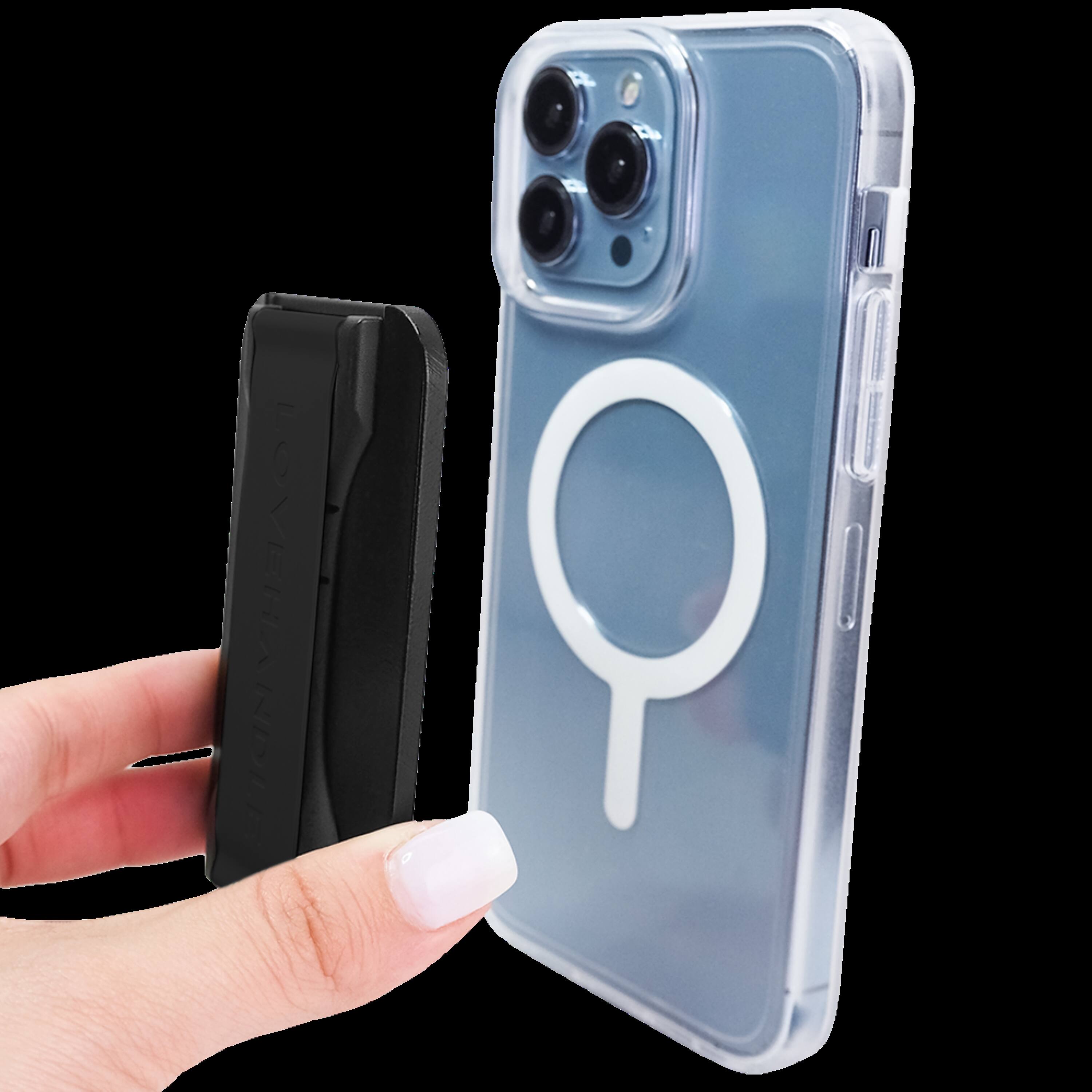 Left. LoveHandle - PRO MagSafe Compatible Magnetic Phone Grip w/Kickstand, Mount, Strap and Stand for Smartphone and Tablet, MagSafe Ring - Black.