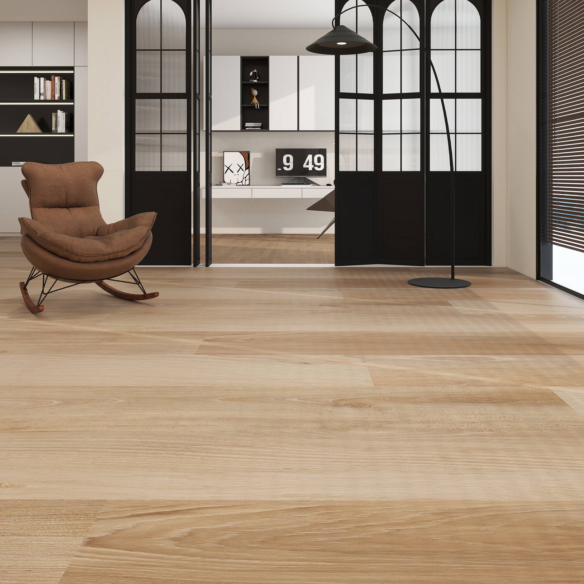 Angle. Dotfloor - Superoak PLUS Laminate Flooring - 72.7"x9.6" Planks, 6 Planks/Box (27.09 sq ft/Box), 12mm Thick, AC5 Wear Rating - Golden Hickory.