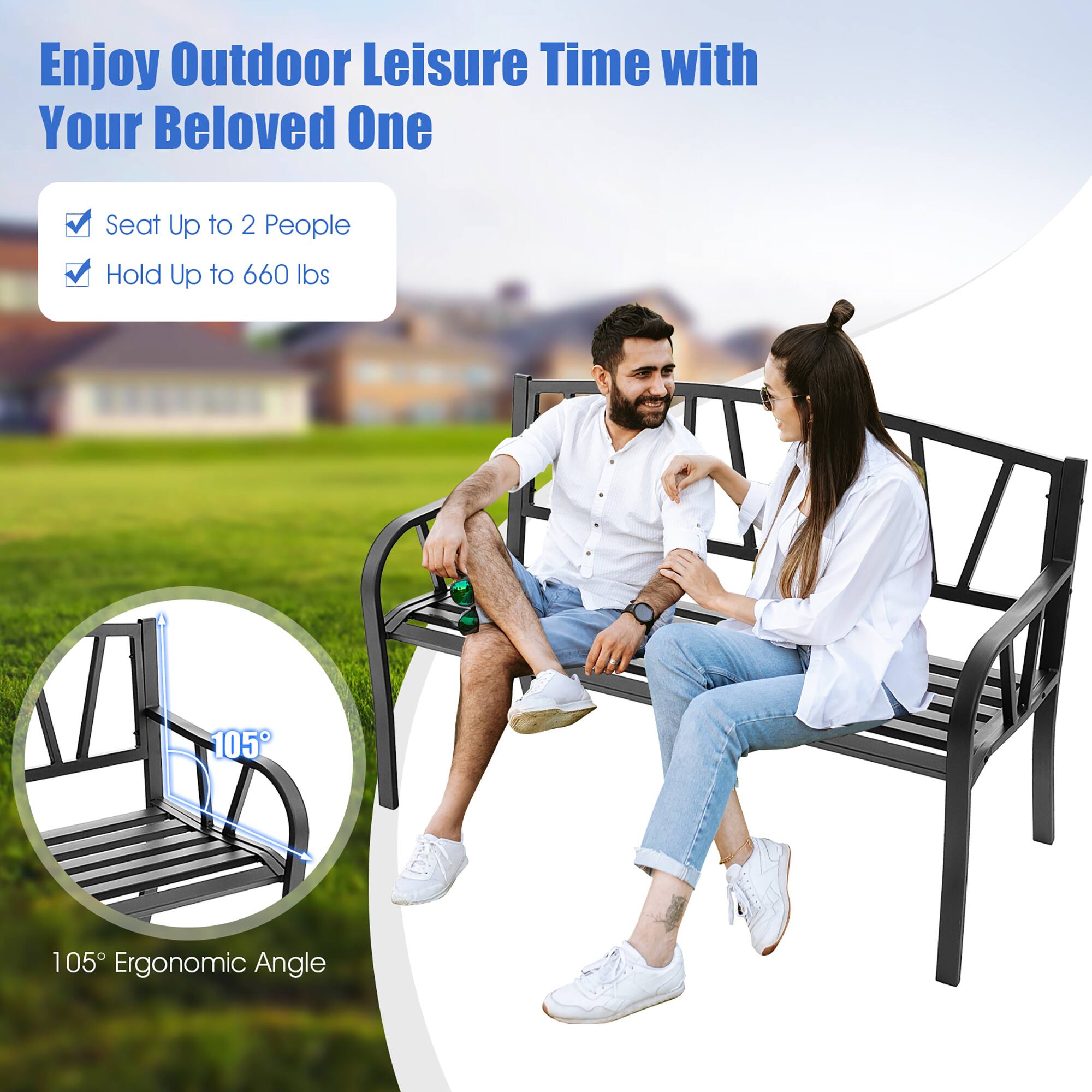 Enjoy Outdoor Leisure Time with Your Beloved One

- Seat Up to 2 People
- Hold Up to 660 lbs

105° Ergonomic Angle