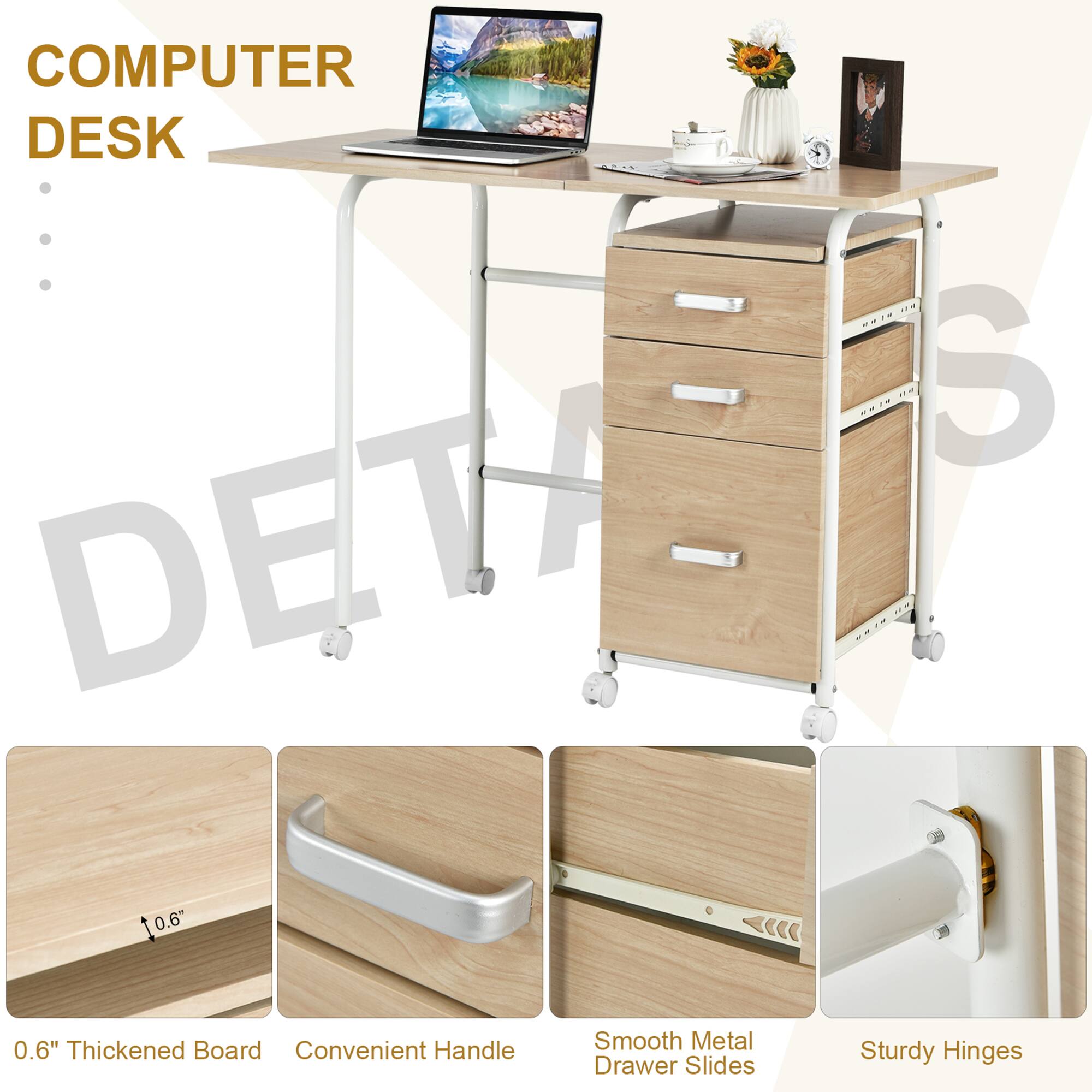 Computer Desk: 10.6" 0.6" Thickened Board, Convenient Handle, Smooth Metal Drawer Slides, Sturdy Hinges.