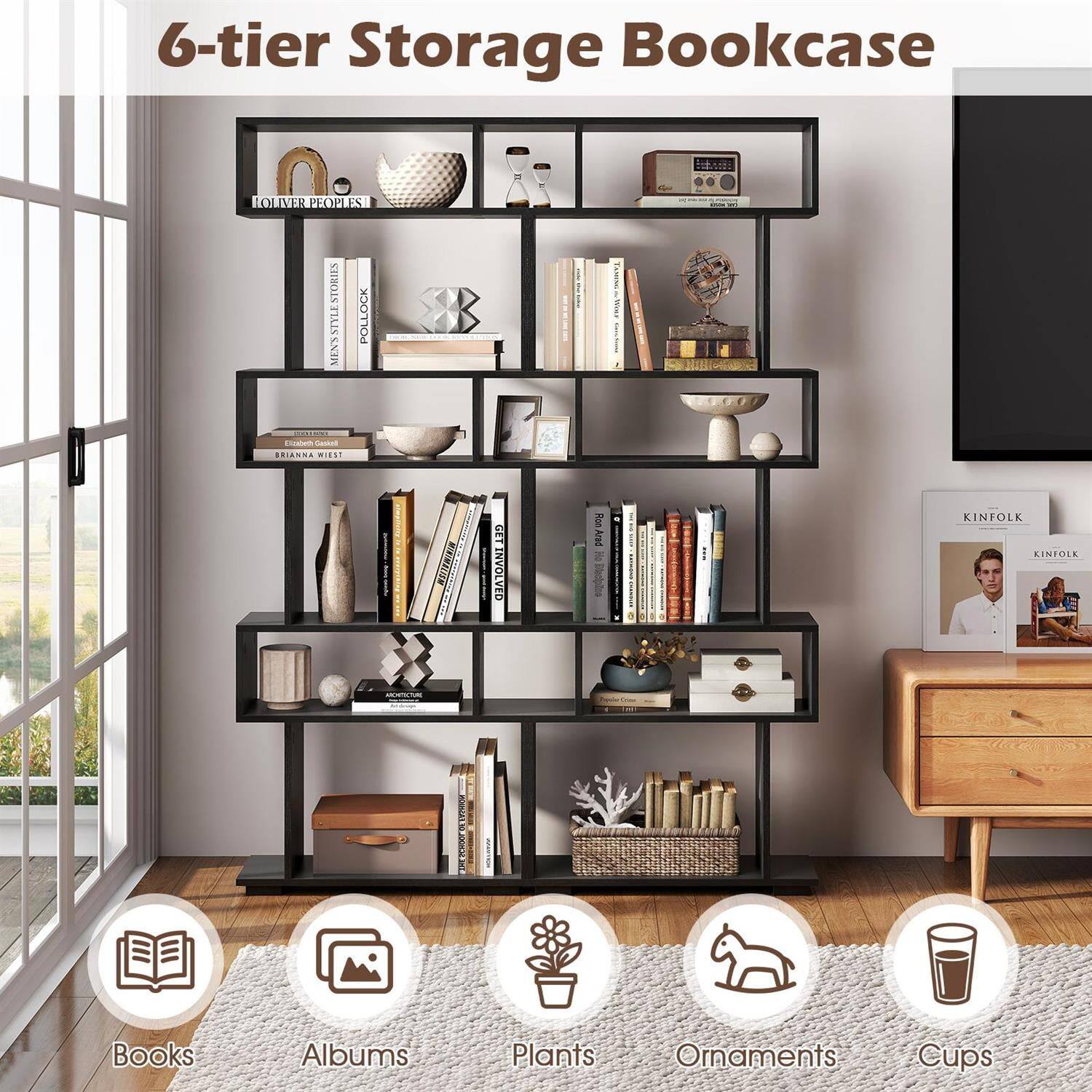 6-tier Storage Bookcase

- Books
- Albums
- Plants
- Ornaments
- Cups