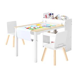 VEVOR - Kids Art Table and Chair Set, Toddler Craft Table with 3 Tiers Storage Cabinet, Wooden Kids Activity Play Desk - White + Natural Wood