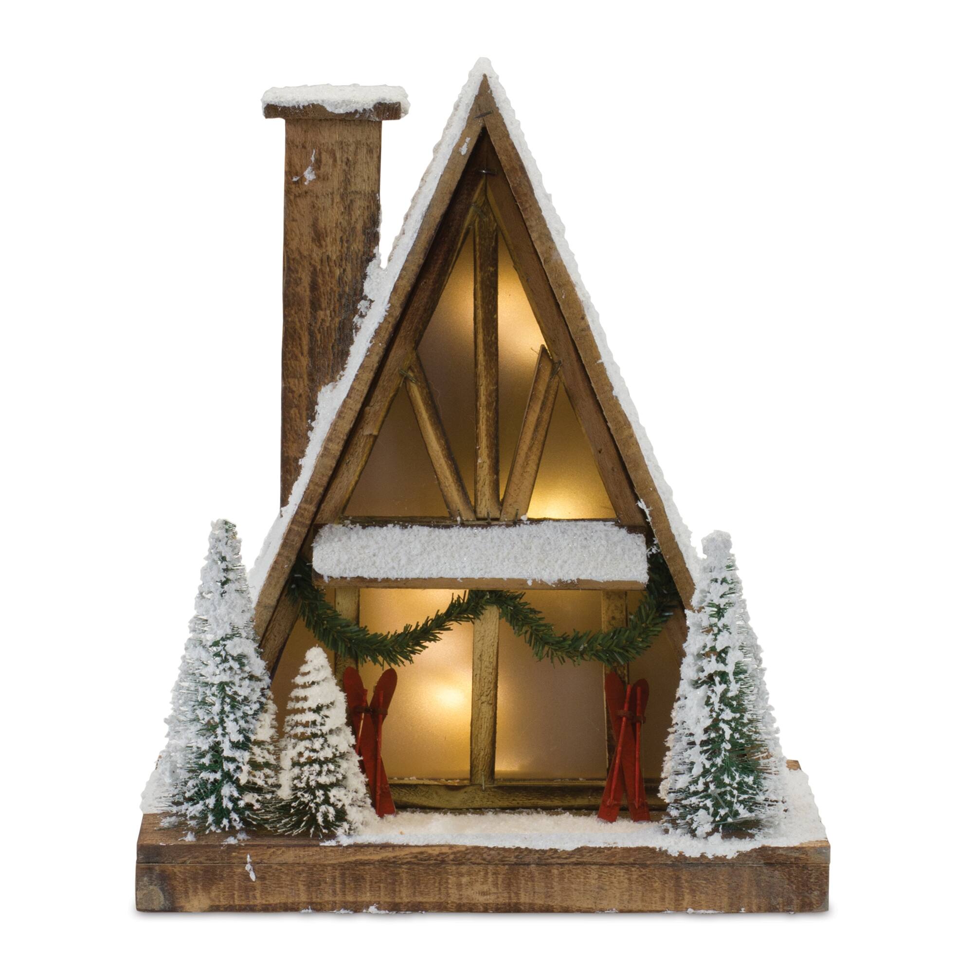 Left. BreeBe - Vintage A-Frame Ski Lodge Lighted Display 16.5"H - Brown, White.