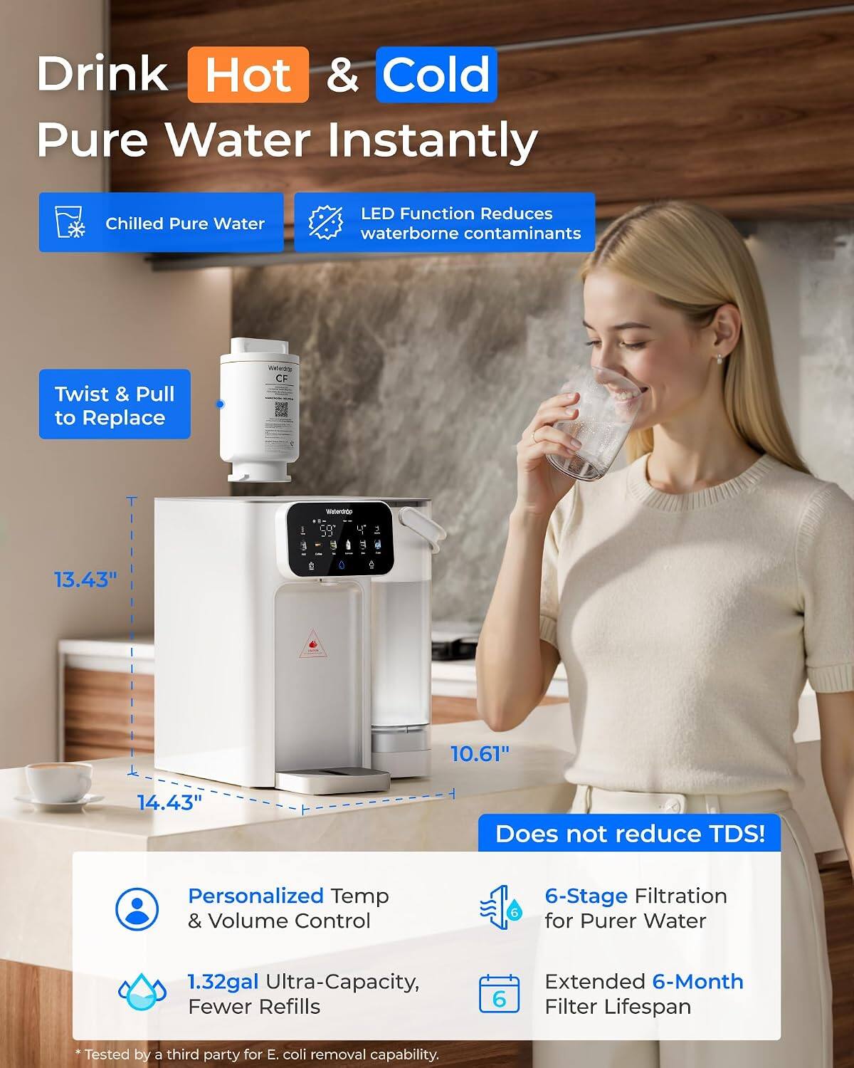 Drink Hot & Cold Pure Water Instantly

- Chilled Pure Water
- LED Function Reduces waterborne contaminants
- Twist & Pull to Replace

Weleom CF
Waterdido
99

13.43"
10.61"
14.43"

Does not reduce TDS!

- Personalized Temp & Volume Control
- 1.32gal Ultra-Capacity, Fewer Refills
- 6-Stage Filtration for Purer Water
- Extended 6-Month Filter Lifespan

*Tested by a third party for E. coli removal capability.