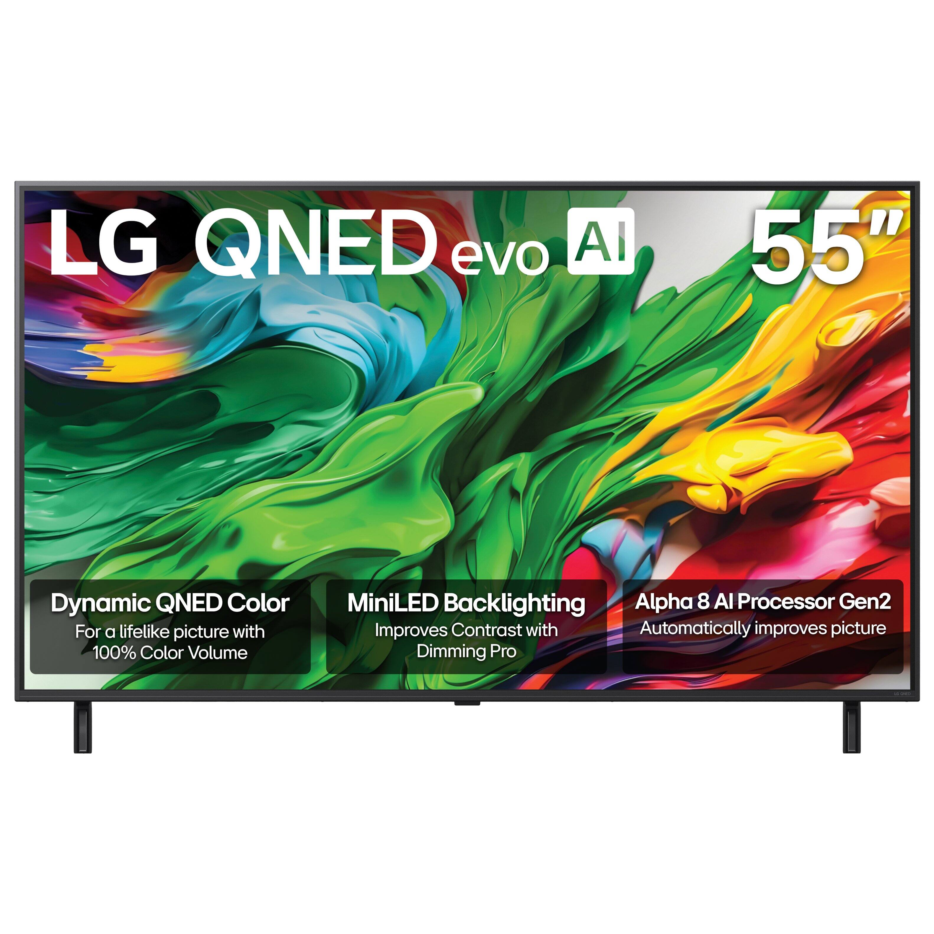 LG QNED evo AI  
55"  

Dynamic QNED Color  
For a lifelike picture with 100% Color Volume  

MiniLED Backlighting  
Improves Contrast with Dimming Pro  

Alpha 8 AI Processor Gen2  
Automatically improves picture