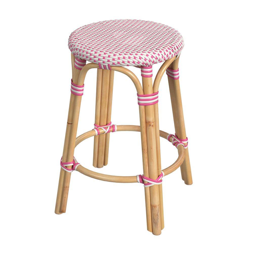 Alt View 3. Butler Specialty - Tobias Rattan Round 24" Counter Stool - White And Pink Dot.