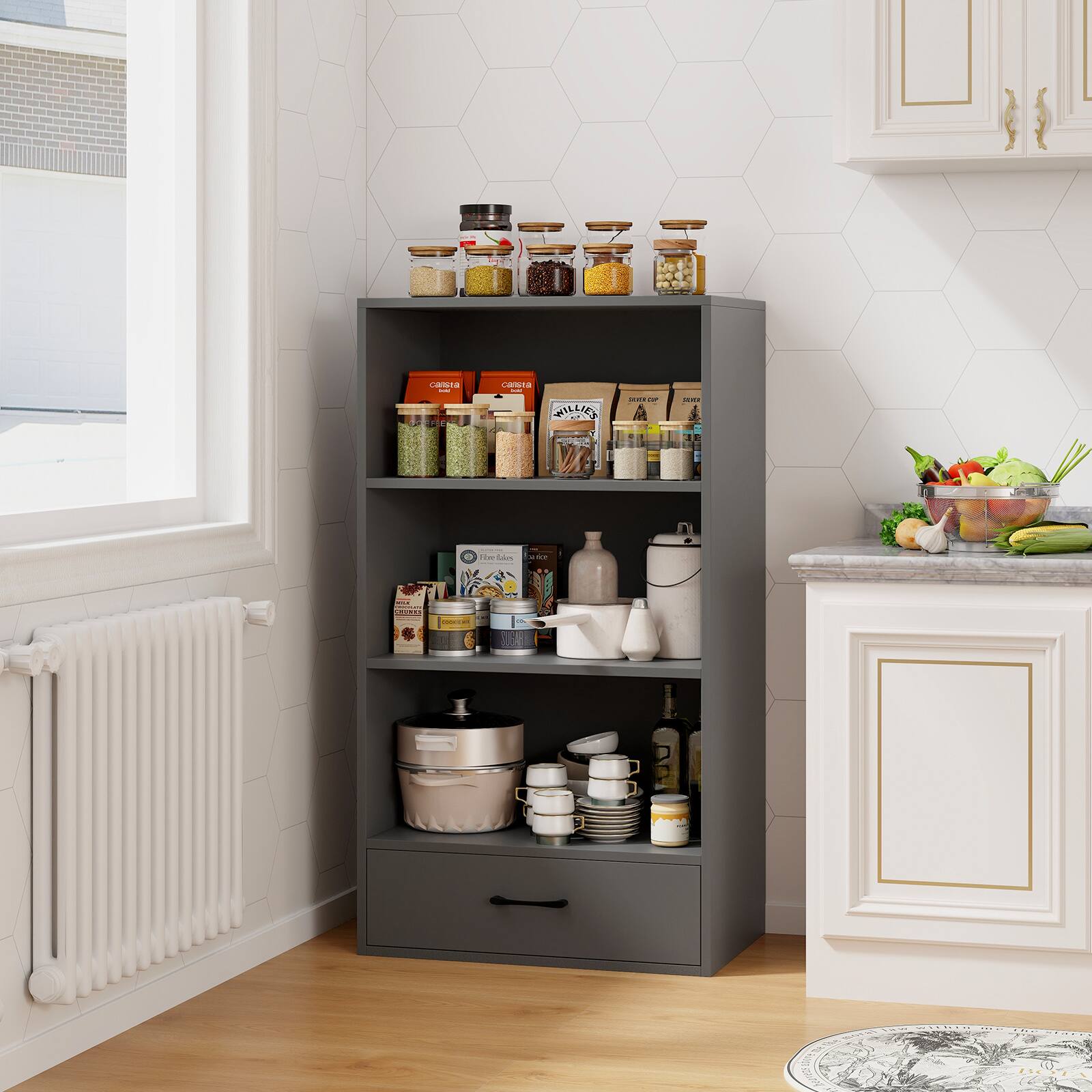 The image shows a kitchen with a spice rack and a shelf filled with various food items. The shelf is filled with jars, cans, and other containers, while the spice rack has a variety of spices and seasonings. The kitchen also features a sink and a window, providing a pleasant and functional space for cooking and meal preparation.