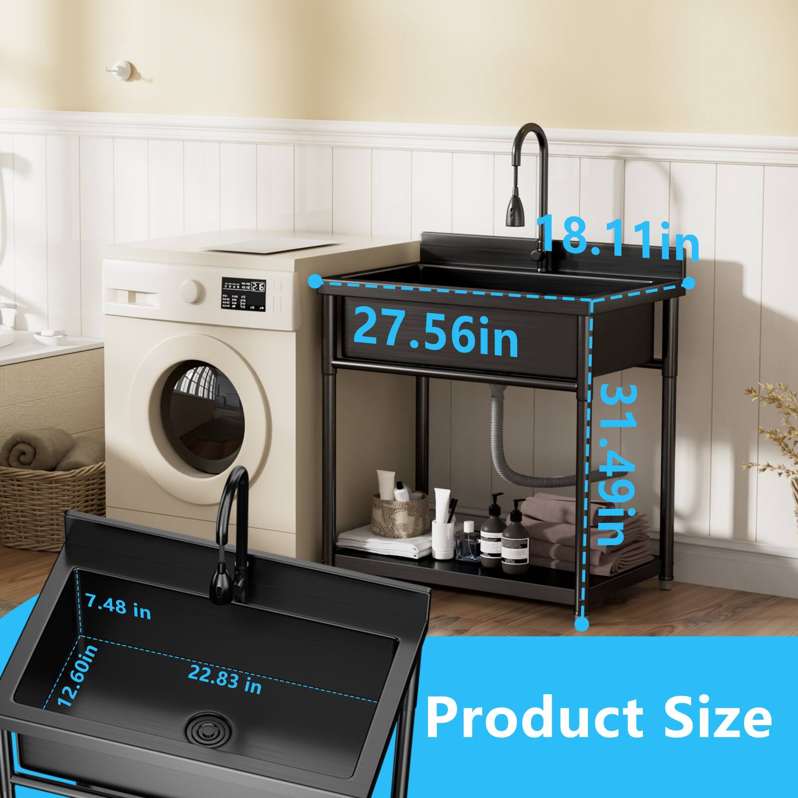 7.48 in  
12.60 in  
22.83 in  
18.11 in  
27.56 in  
31.49 in  

Product Size