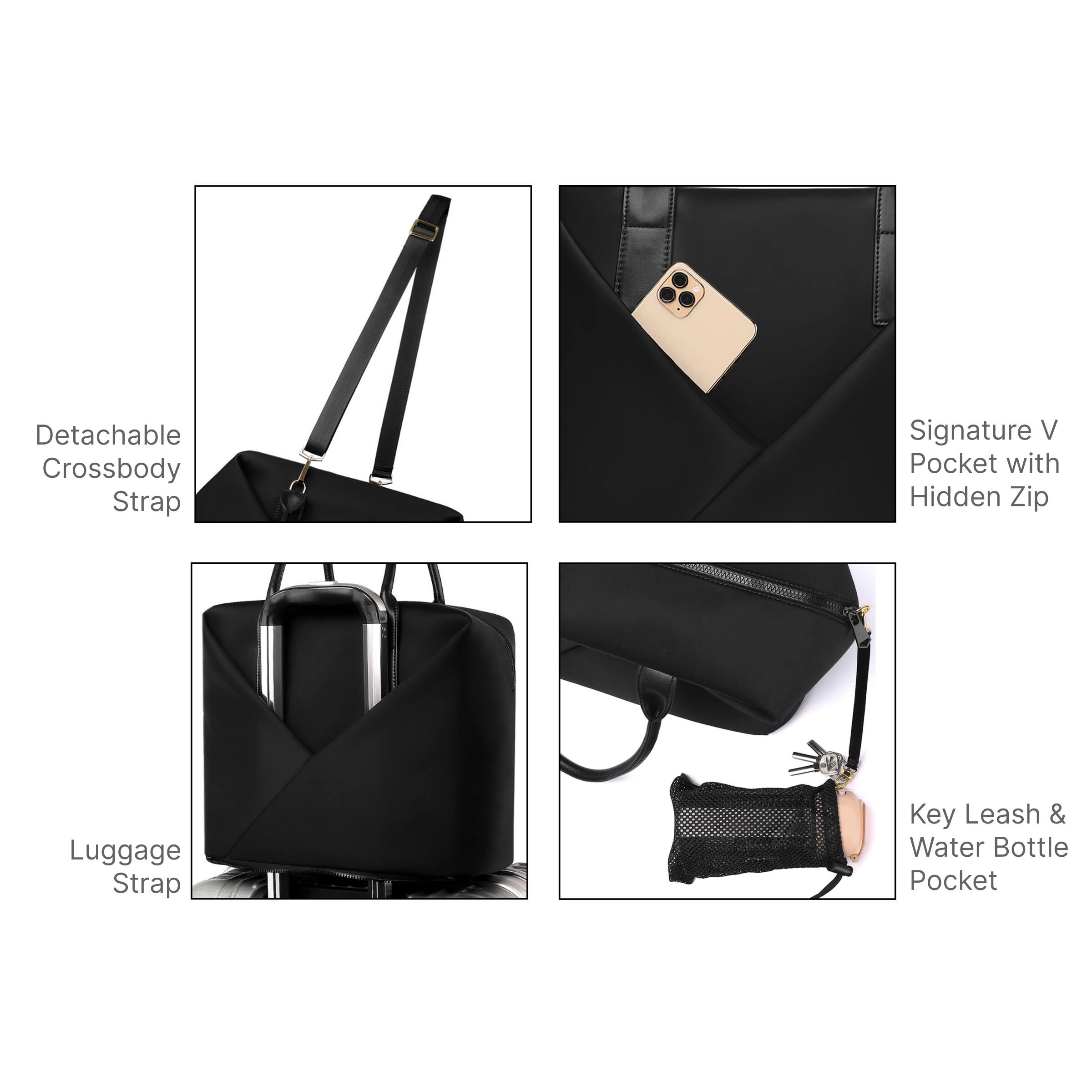 - Detachable Crossbody Strap
- Signature V Pocket with Hidden Zip
- Luggage Strap
- Key Leash & Water Bottle Pocket