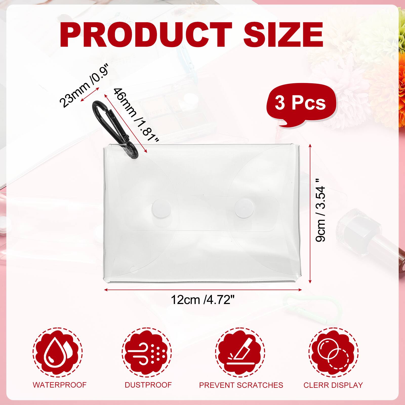 PRODUCT SIZE

23mm / 0.9"  
46mm / 1.81"  
9cm / 3.54"  
12cm / 4.72"  

3 Pcs

WATERPROOF  
DUSTPROOF  
PREVENT SCRATCHES  
CLEAR DISPLAY