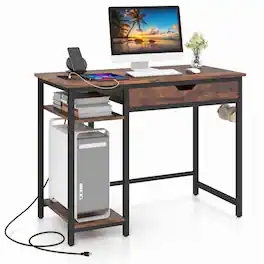 Resenkos - Computer Desk with Charging Station and Drawer & Adjustable Shelf-Rustic Home Office Desks, Gaming Computer Desks - Brown