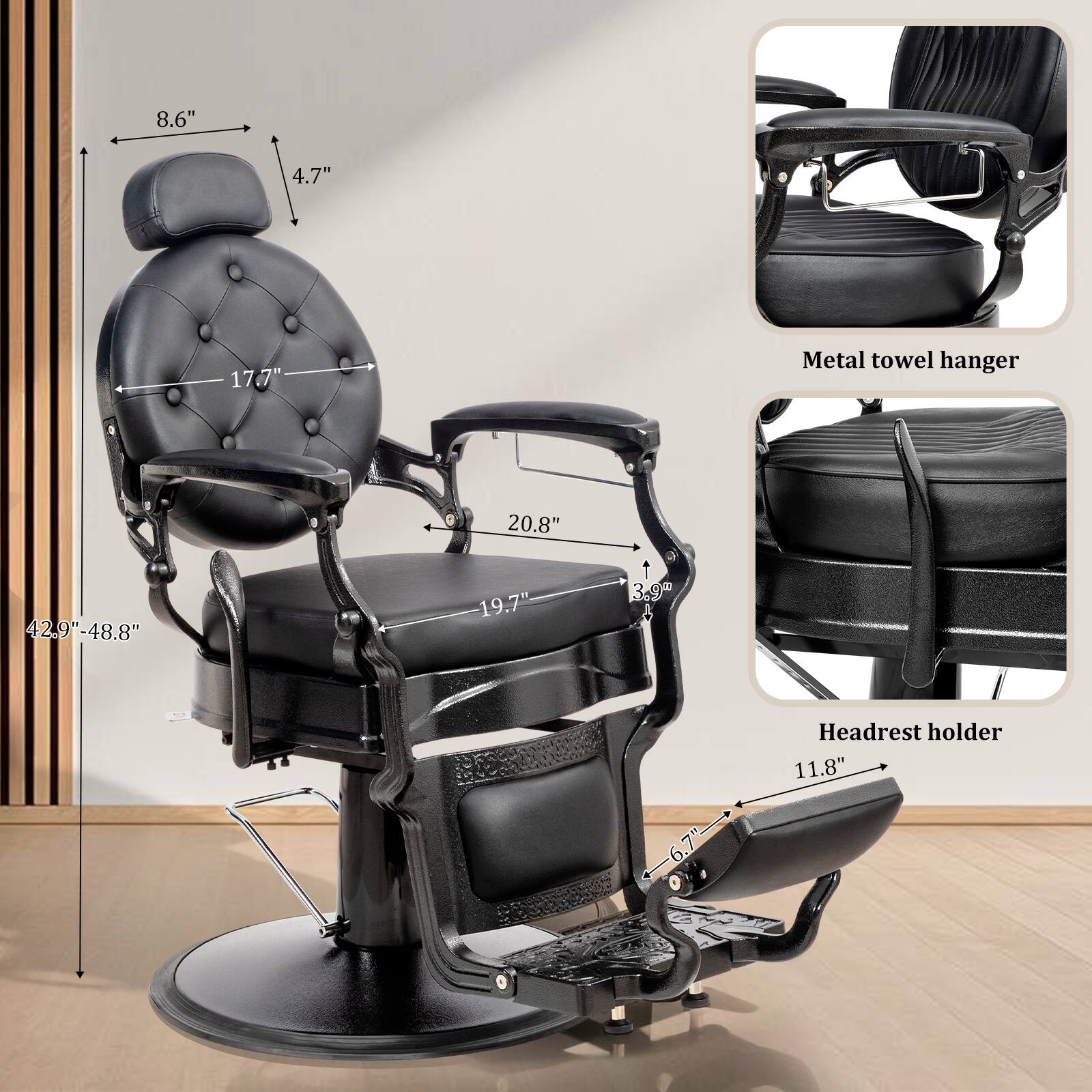 8.6"  
4.7"  
17.7"  
20.8"  
42.9"-48.8"  
19.7"  
3.9"  
11.8"  
6.7"  

Metal towel hanger  
Headrest holder
