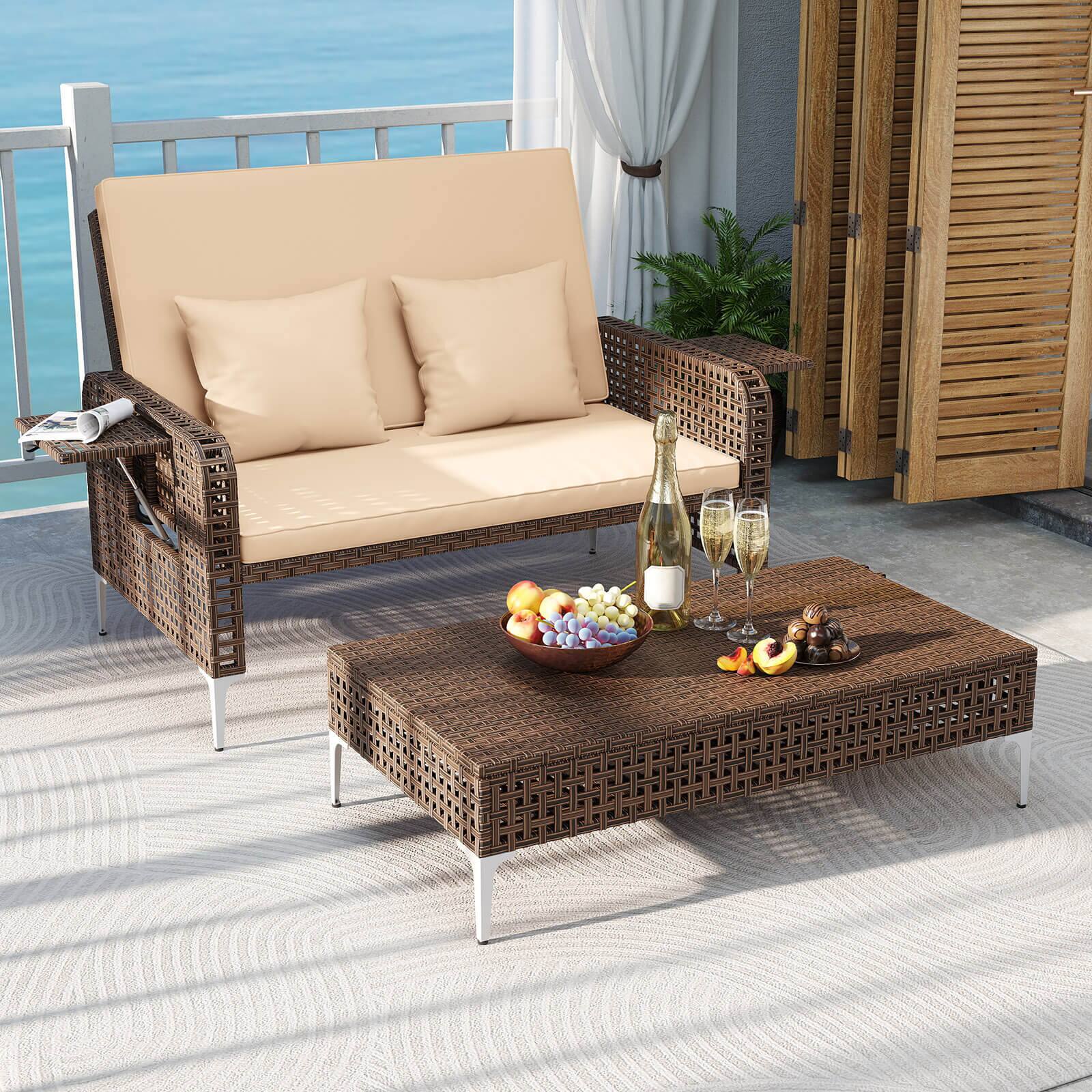 Alt View 1. Costway - Costway 2 PCS Wicker Loveseat & Storage Ottoman with  4-Level Backrest & Soft Cushion - Brown.