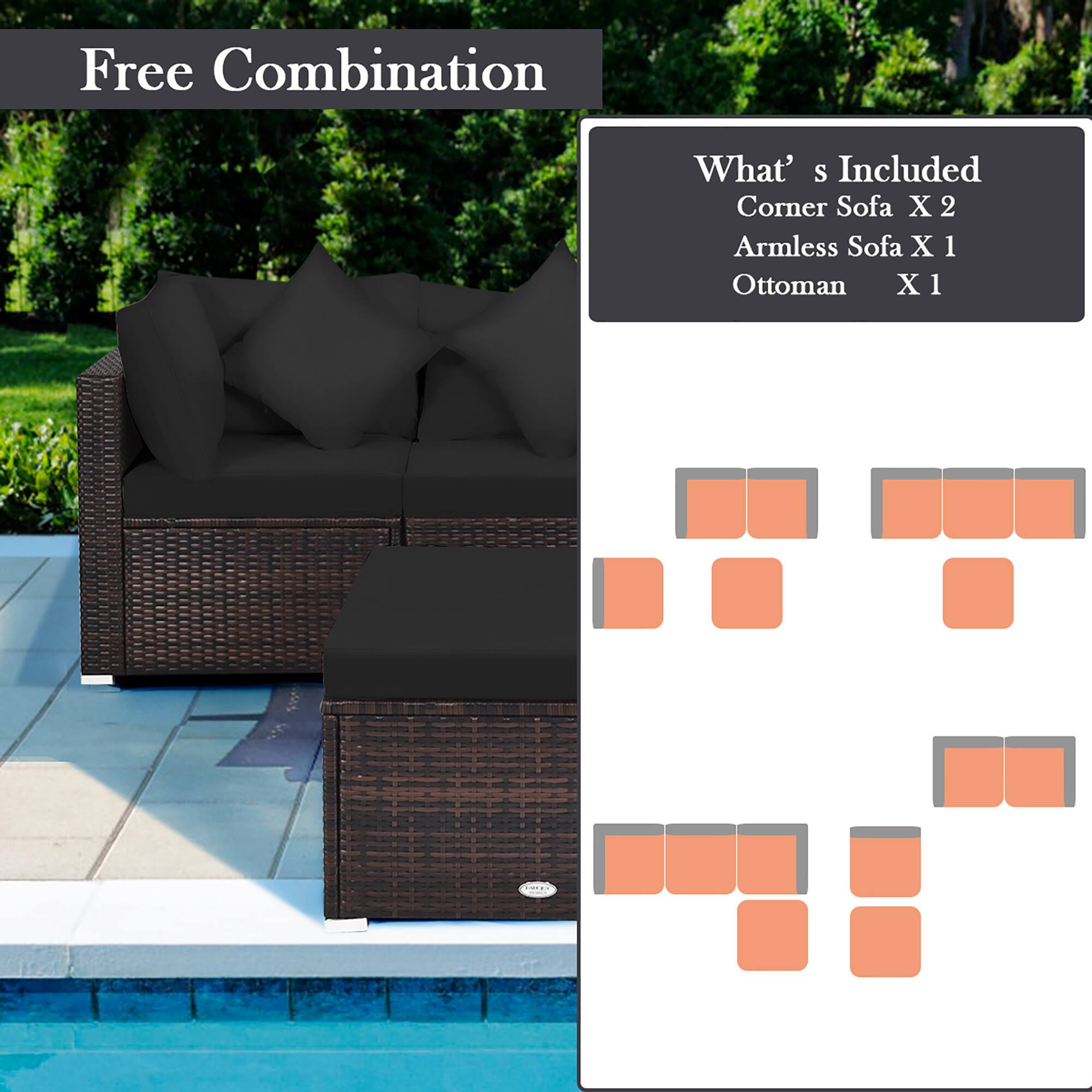 Free Combination: What's Included - Corner Sofa X 2, Armless Sofa X 1, Ottoman X 1.
