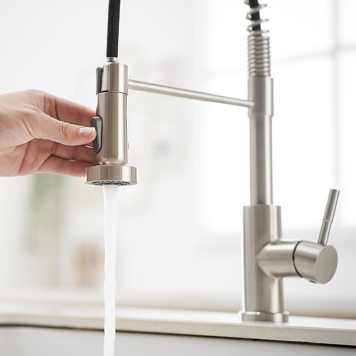 Left. Ropilly - Ropilly Pull Down Kitchen Faucet, Brushed Nickel Stainless Steel Single Handle Spring Kitchen Sink Faucet - Brushed Nickel.