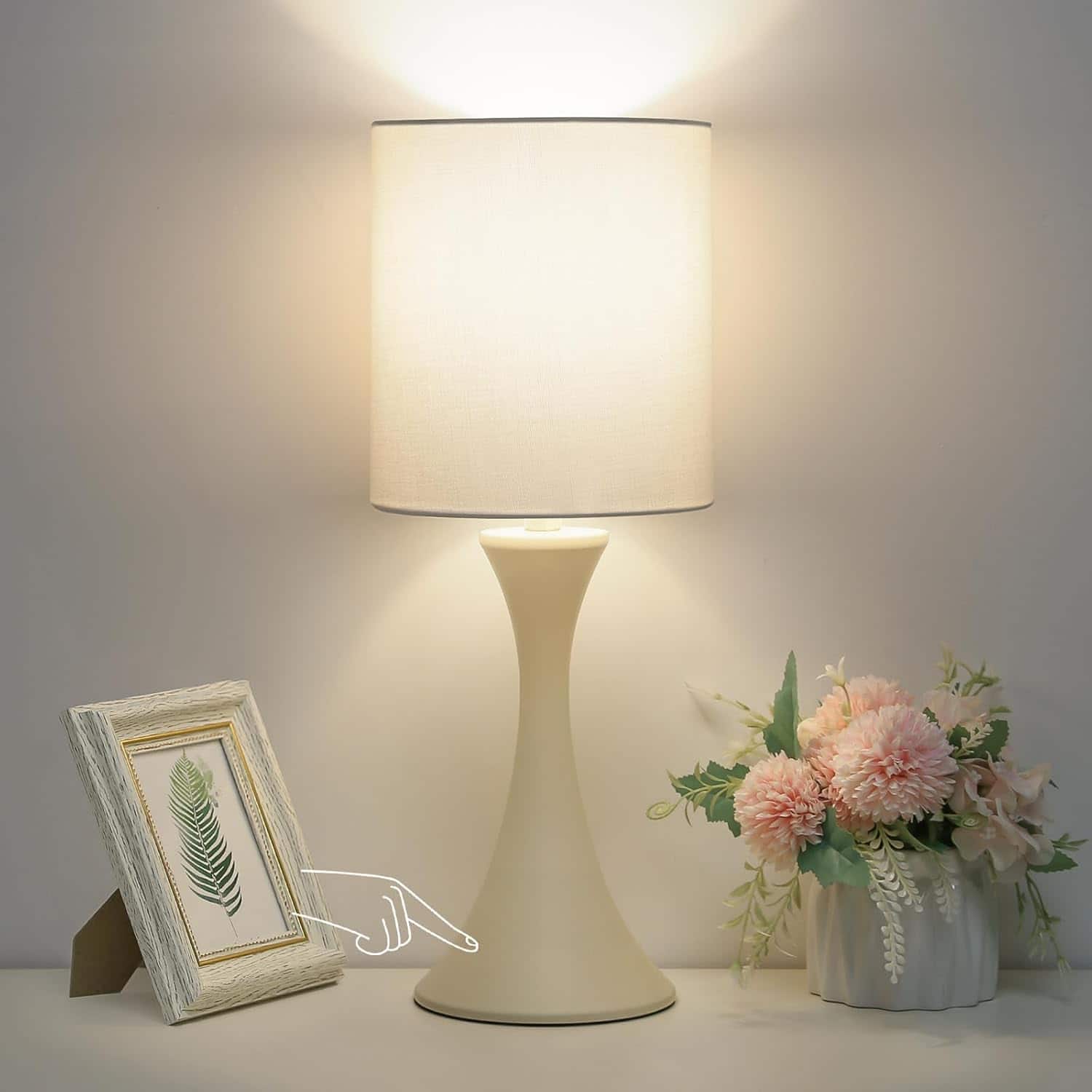FINEAK - Modern Dimmable Touch Control Bedside Lamp with LED Bulb - Cream Base with Beige Shade