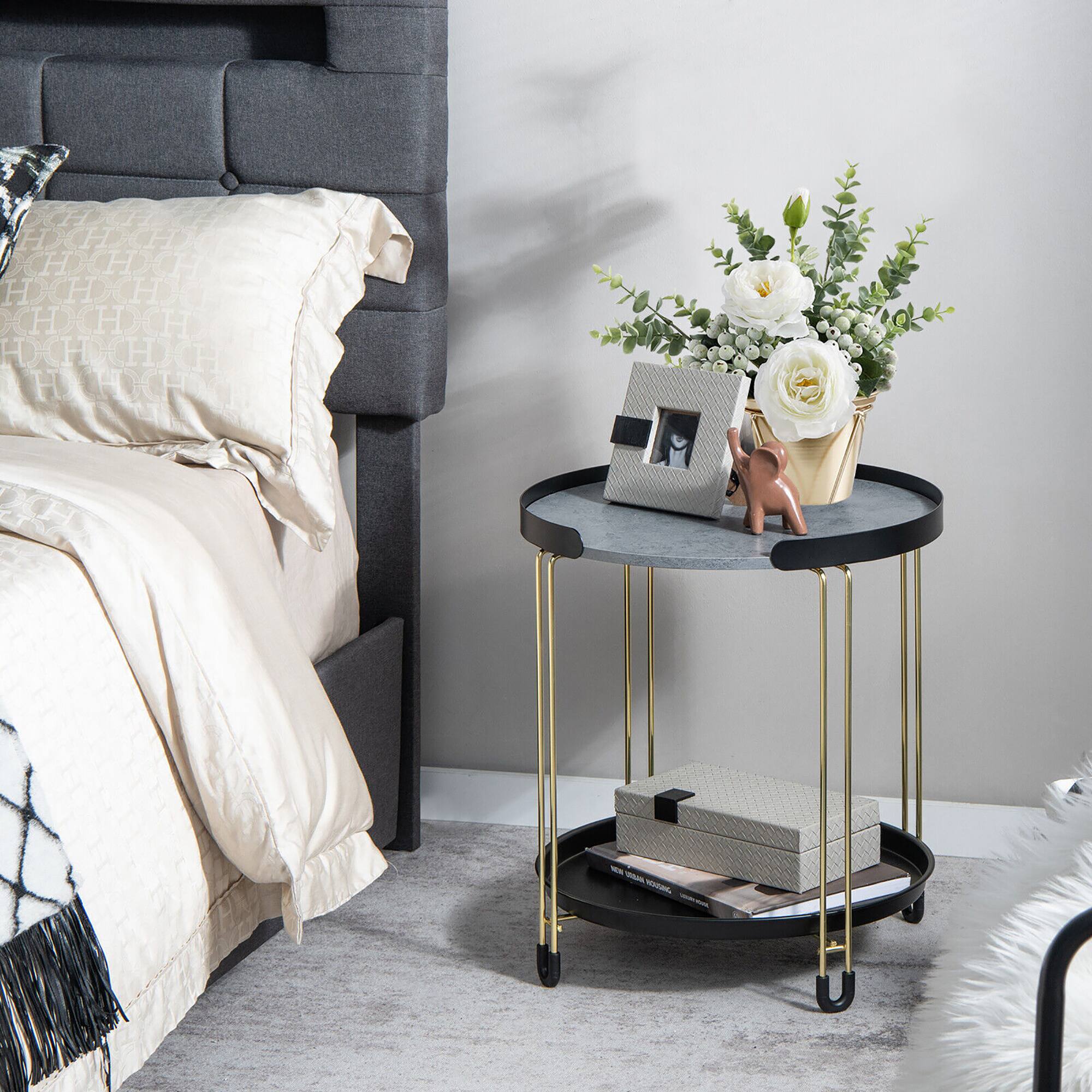 Alt View 2. Gymax - Gymax 2-Tier Side End Table Round Nightstand Gold Frame for Living Room Bedroom - Black & Gold & Grey.