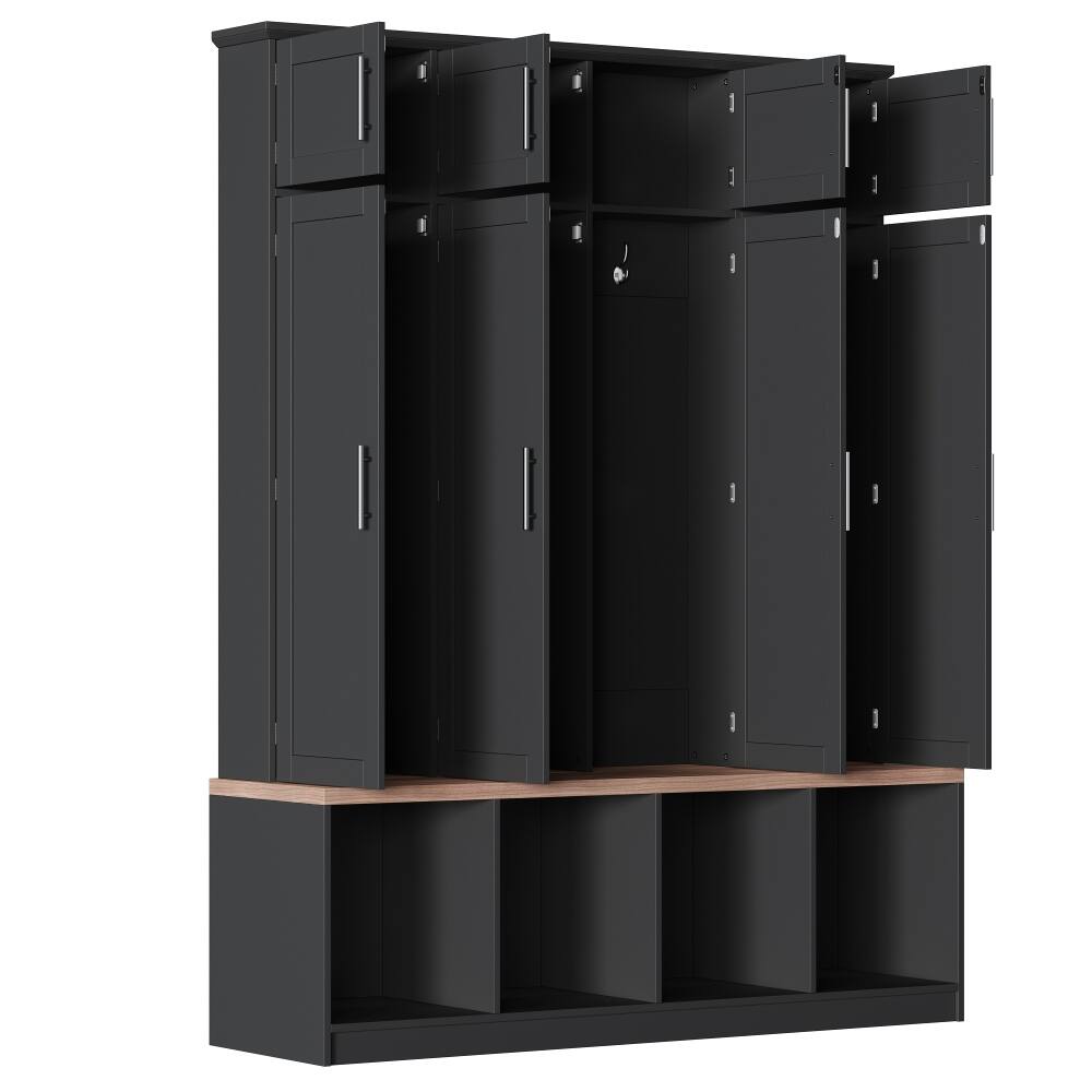 Alt View 7. Loheer - Loheer Farmhouse Hall Tree with Seating Bench, Black Entryway Shoe Cabinet, 75 Inch Tall - Black.