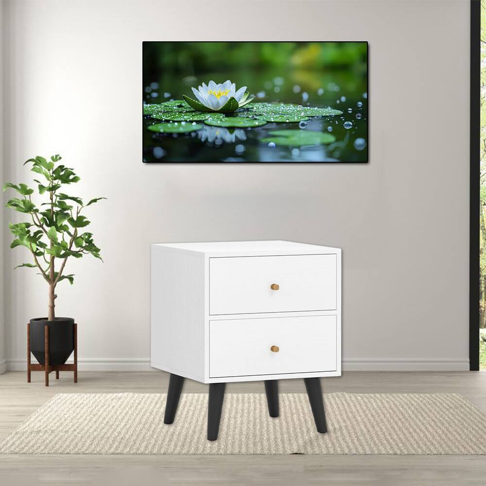 Hivvago - Retro-Inspired Bedside Nightstand with Brass Handles and Elevated Legs - White, Black