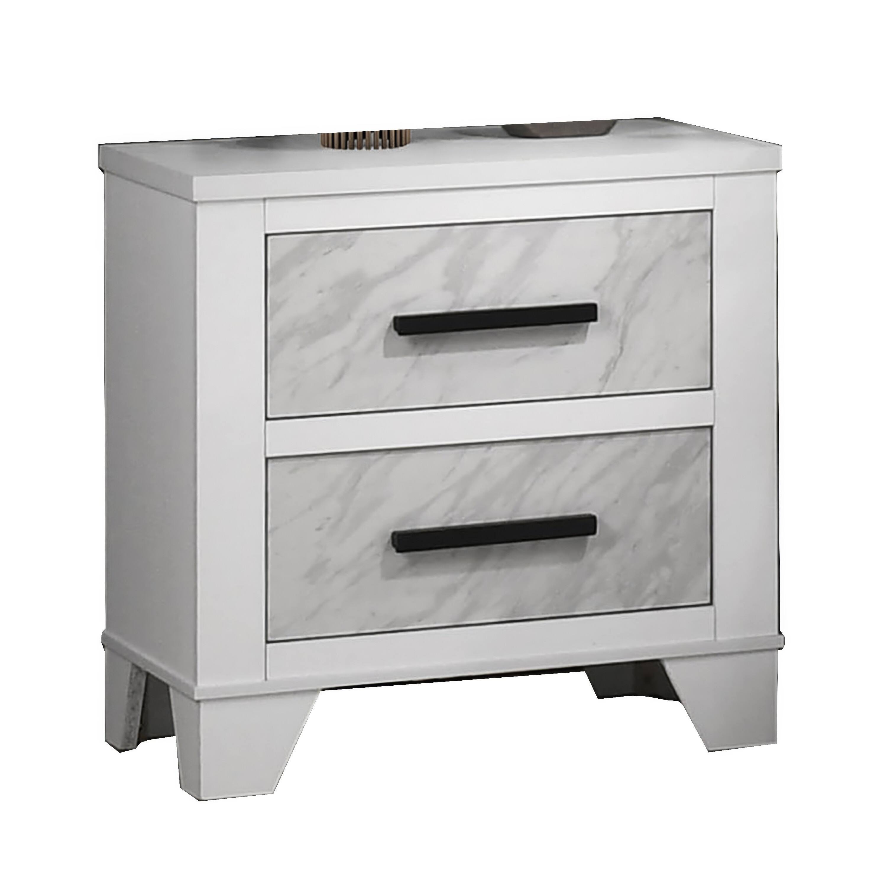 Front. Manhattan Lane - Feza Nightstand, 2 Drawers with Faux Marble Inset, Pulls - White, Black.