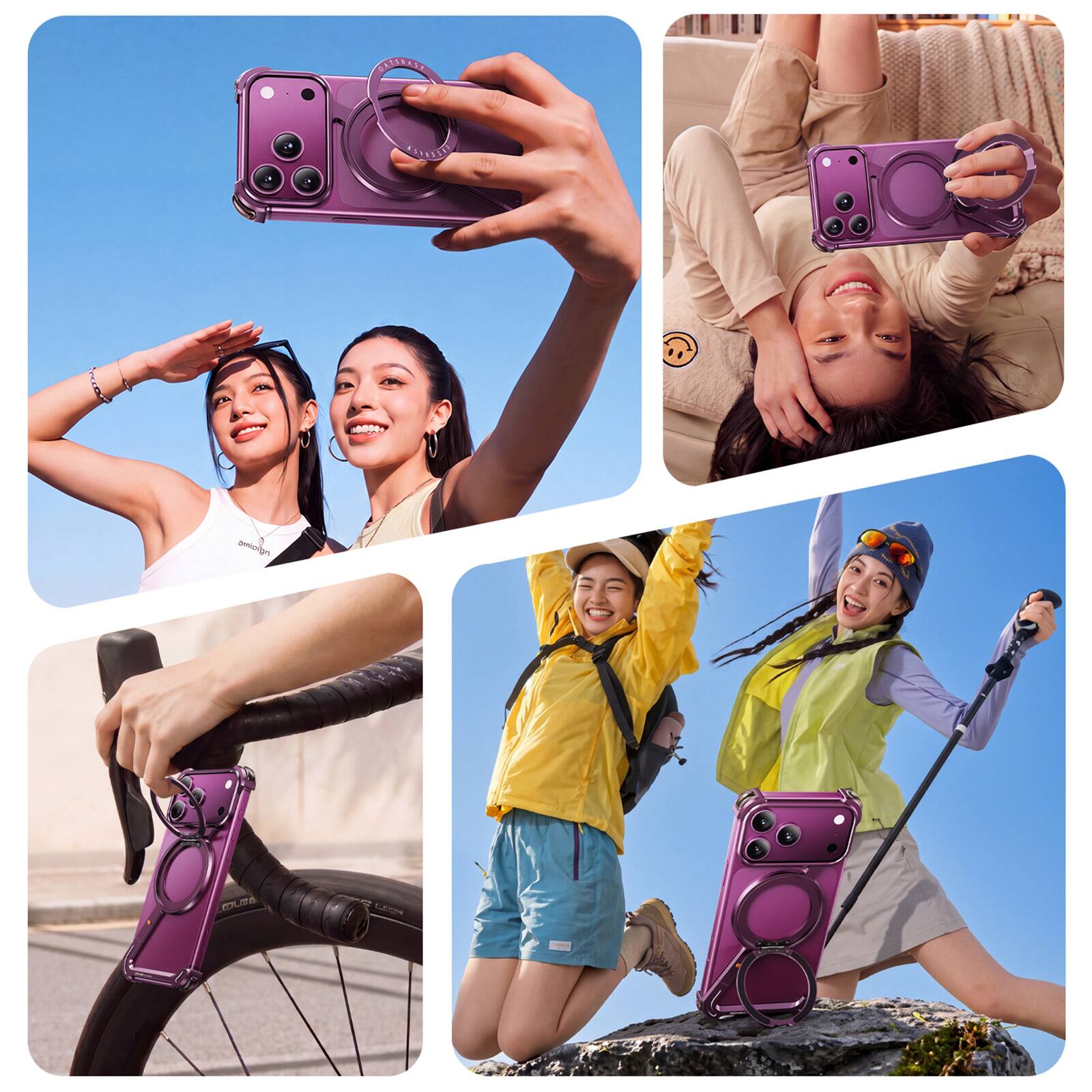 Left. Dteck - Shockproof Z Shape Metal Bumper Phone Case for Apple iPhone 18 Pro Max, Magnetic Aluminum Frame Cover with Ring Stand - Orange.