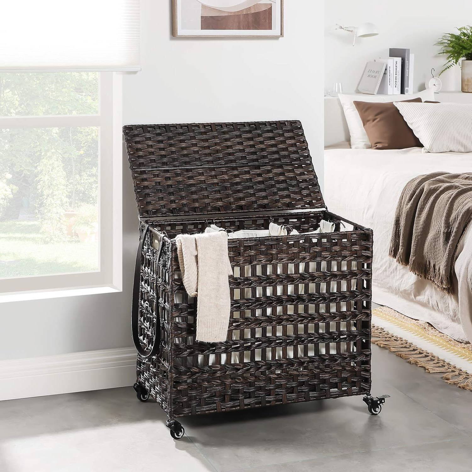 Left. Hivvago - Brown PP Rattan 3-Basket Laundry Hamper Sorter Cart with Removable Cotton Bags - Brown.