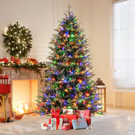 Costway - 7 FT Pre-Lit Christmas Tree Hinged with 470 Multi-color Lights & 1646 Branch Tips - Green Natural