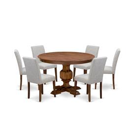 East West Furniture - 7-Pc Kitchen Table Set - Pedestal Dining Table and 6 Doeskin Color Parson Padded Chairs with High - Multi-Color