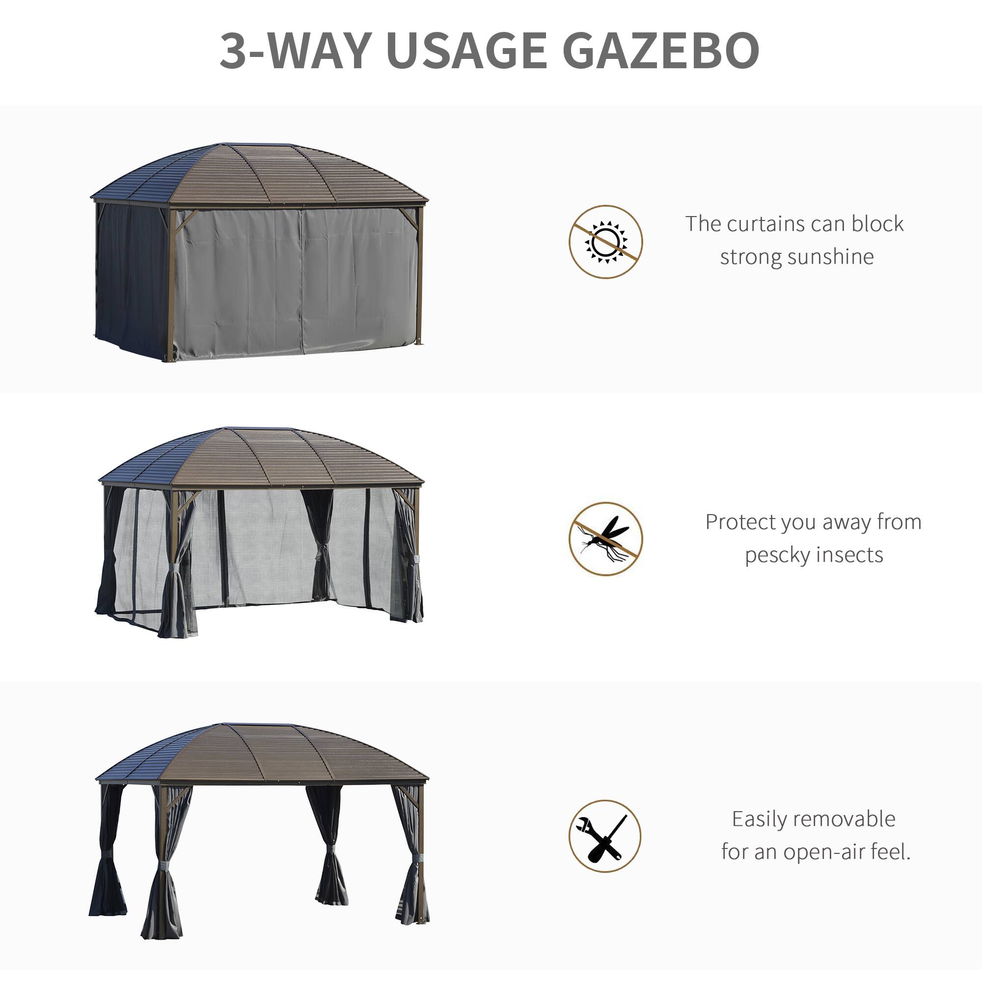 3-WAY USAGE GAZEBO

The curtains can block strong sunshine

Protect you away from pescky insects

Easily removable for an open-air feel.