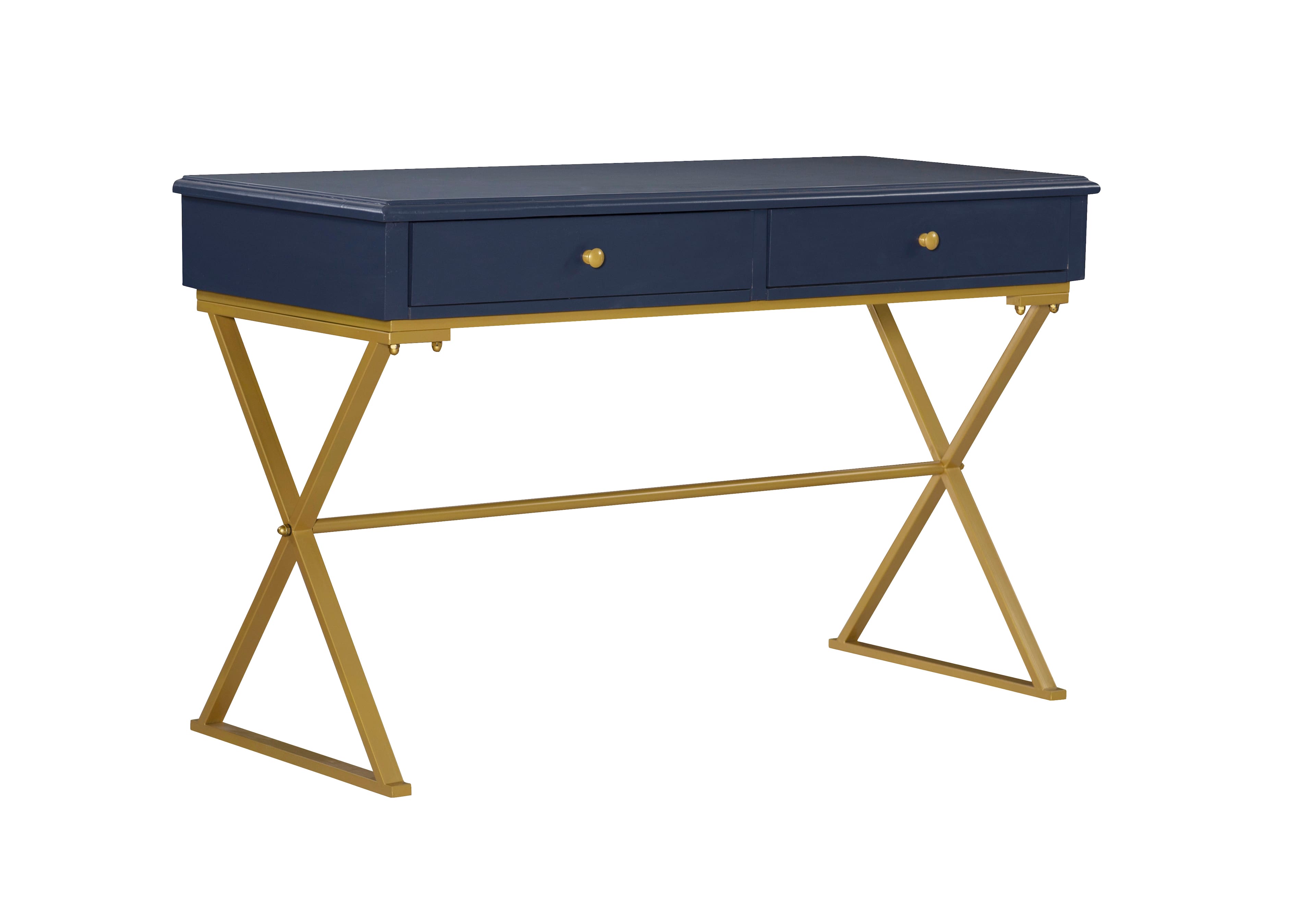 Front. Linon Home Décor - Edmore Two-Drawer Campaign Desk - Blue & Gold.