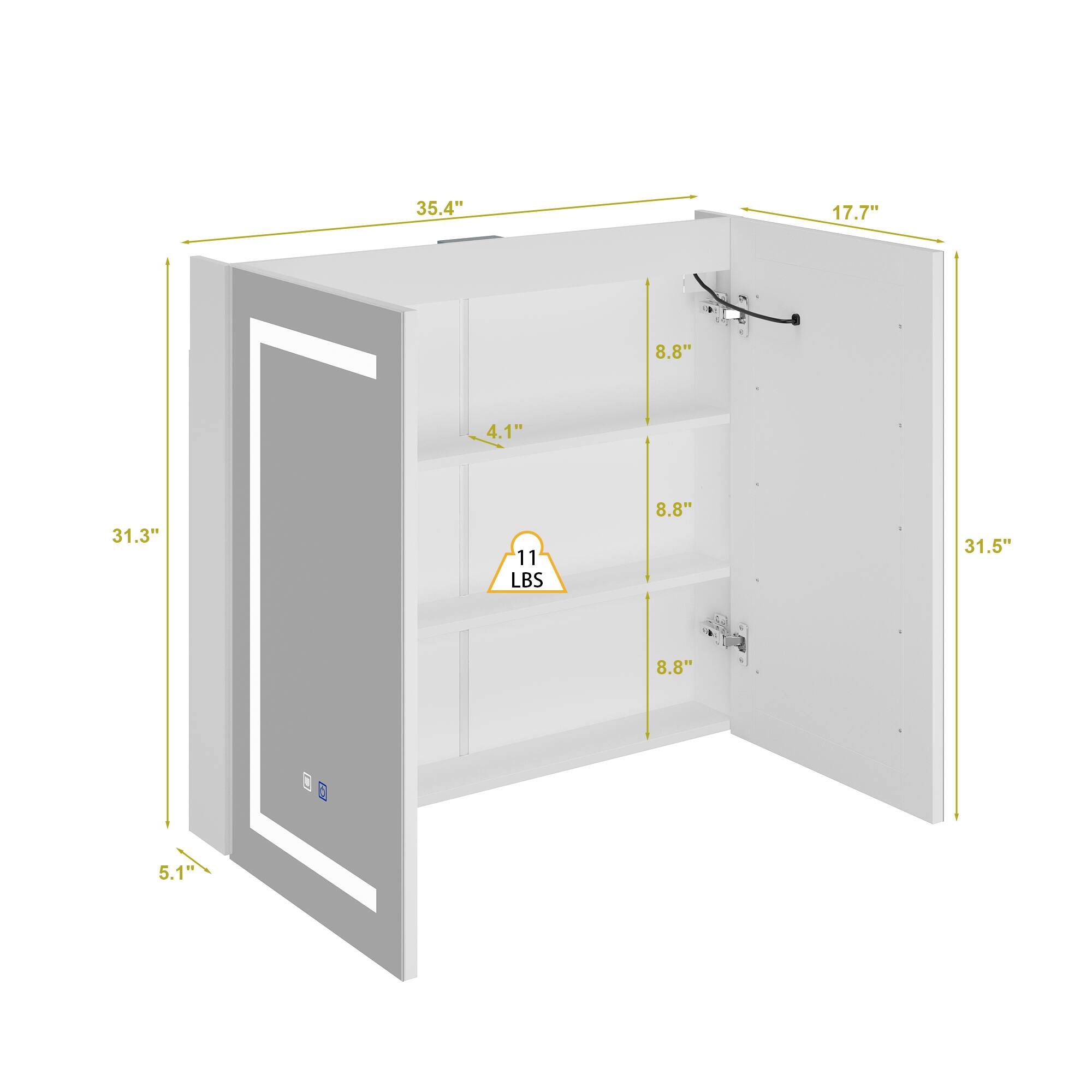 35.4"  
17.7"  
8.8"  
4.1"  
31.3"  
11 LBS  
8.8"  
31.5"  
8.8"  
5.1"