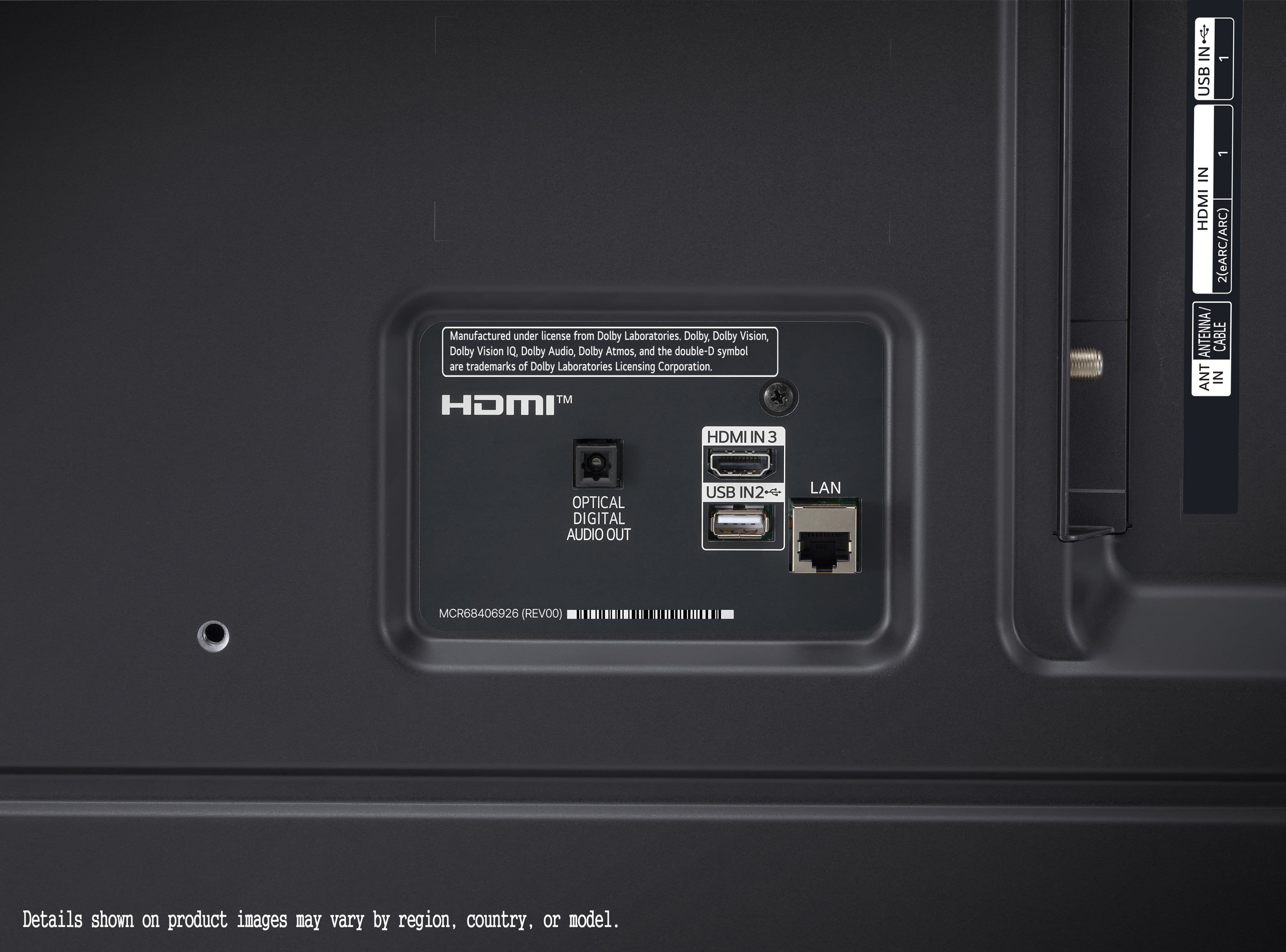 The text on the image is grouped and corrected as follows:
1. USB Manufactured under license from Dolby Laboratories Dolby Vision, Dolby Vision 1Q. Dolby Audio, Dolby Atmos, and the double-D symbol are trademarks of Dolby Laboratories Licensing Corporation. TM HDMI HDMI IN 3 IN HDMI 2(eARC/ARC) ANTENNA CABLE ANT IN OPTICAL DIGITAL AUDIO OUT USB IN2 LAN MCR68406926 (REVOO) Details shown on product images may vary by region, country, or model.