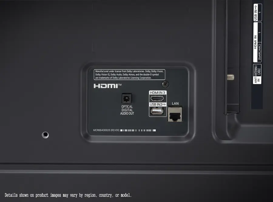 The text on the image is grouped and corrected as follows:

1. USB Manufactured under license from Dolby Laboratories Dolby Vision, Dolby Vision 1Q. Dolby Audio, Dolby Atmos, and the double-D symbol are trademarks of Dolby Laboratories Licensing Corporation. TM HDMI HDMI IN 3 IN HDMI 2(eARC/ARC) ANTENNA CABLE ANT IN OPTICAL DIGITAL AUDIO OUT USB IN2 LAN MCR68406926 (REVOO) Details shown on product images may vary by region, country, or model.