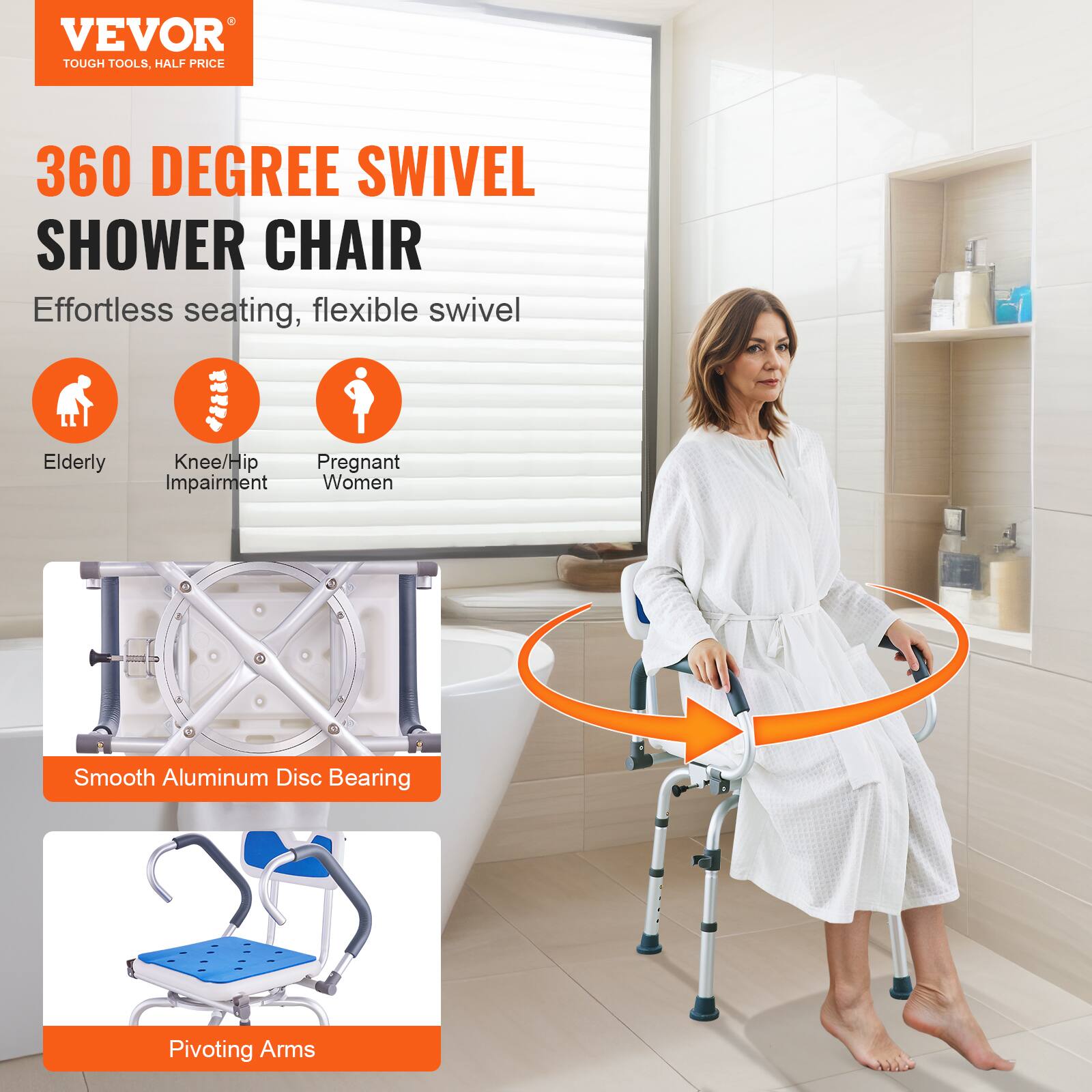 VEVOR TOUGH TOOLS, HALF PRICE
360 DEGREE SWIVEL SHOWER CHAIR
Effortless seating, flexible swivel
Elderly Knee/Hip Impairment Pregnant Women
Smooth Aluminum Disc Bearing
Pivoting Arms