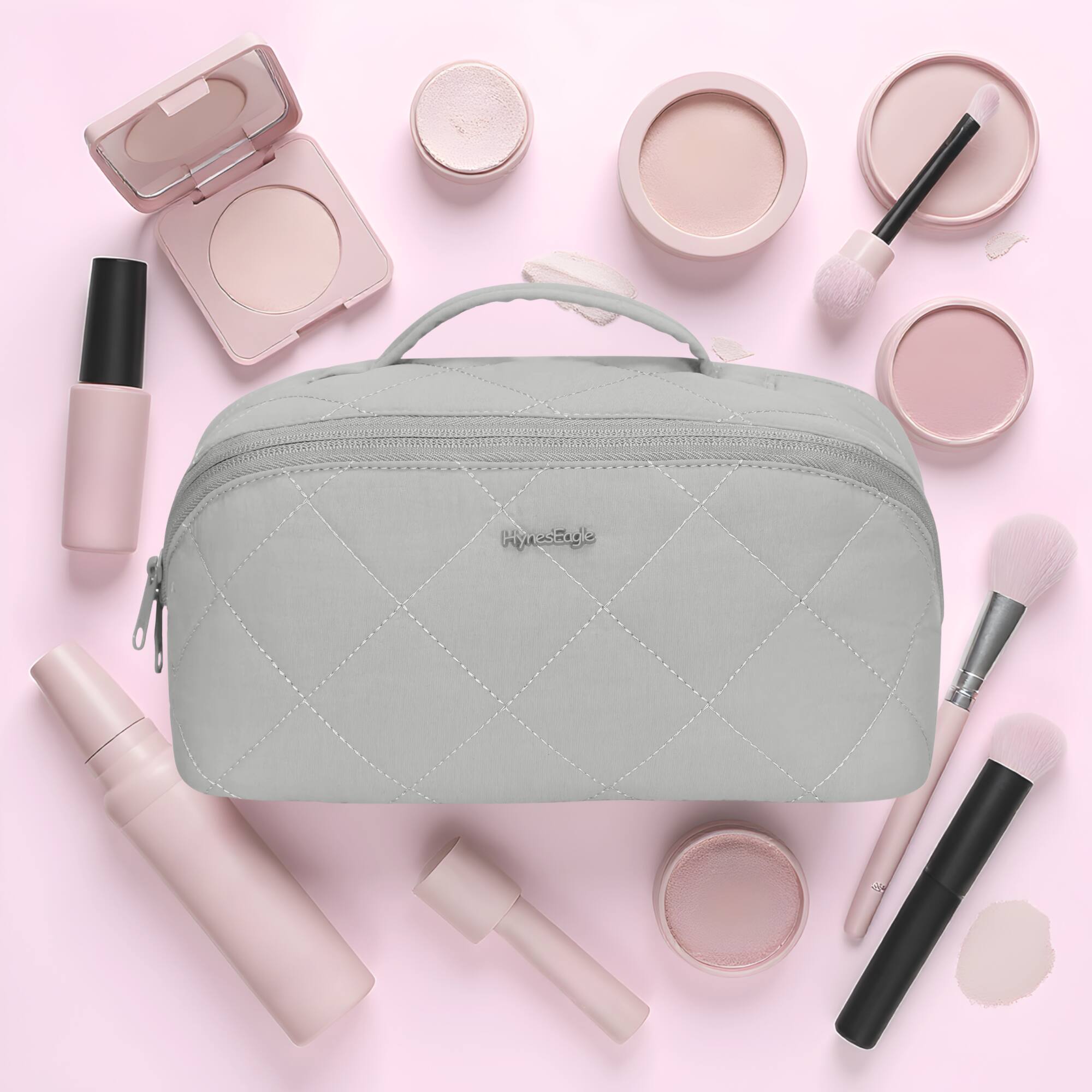Angle. Hynes Eagle - Quilted Makeup Bag Organizer - Stone Gray.