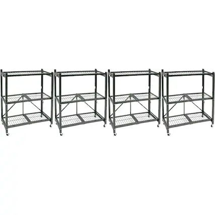 Front. Origami - Origami R3 Foldable 3-Tiered Shelf Storage Rack & Wheels, Pewter (4 Pack) - Pewter.