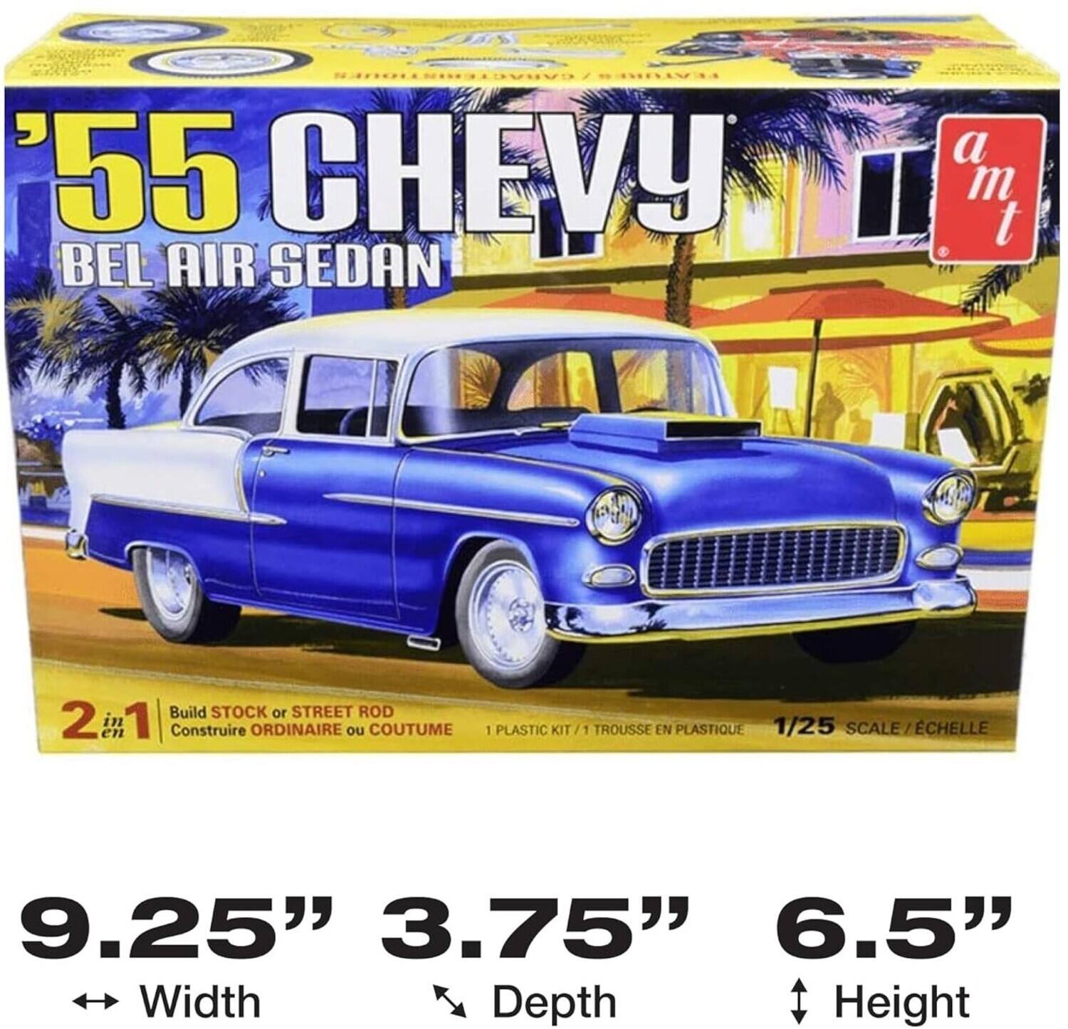 '55 Chevy Bel Air Sedan  
Build Stock or Street Rod  
Construire Ordinaire ou Coutume  
1 Plastic Kit / 1 Trousse en Plastique  
1/25 Scale / Échelle  

9.25" Width  
3.75" Depth  
6.5" Height