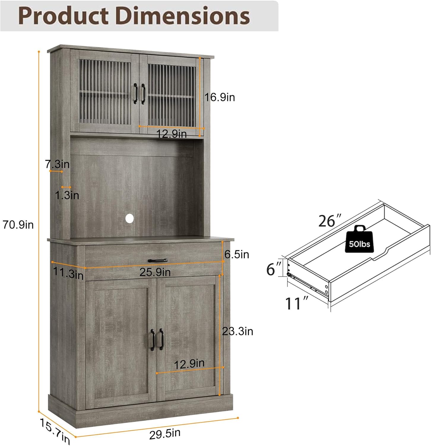 Product Dimensions:  
- 30.16.9in  
- 12.9in  
- 7.3in  
- 1.3in  
- 70.9in  
- 26"  
- 11.3in  
- 25.9in  
- 6.5in  
- 6"  
- 11"  
- 50lbs  
- 23.3in  
- 12.9in  
- 15.7in  
- 29.5in