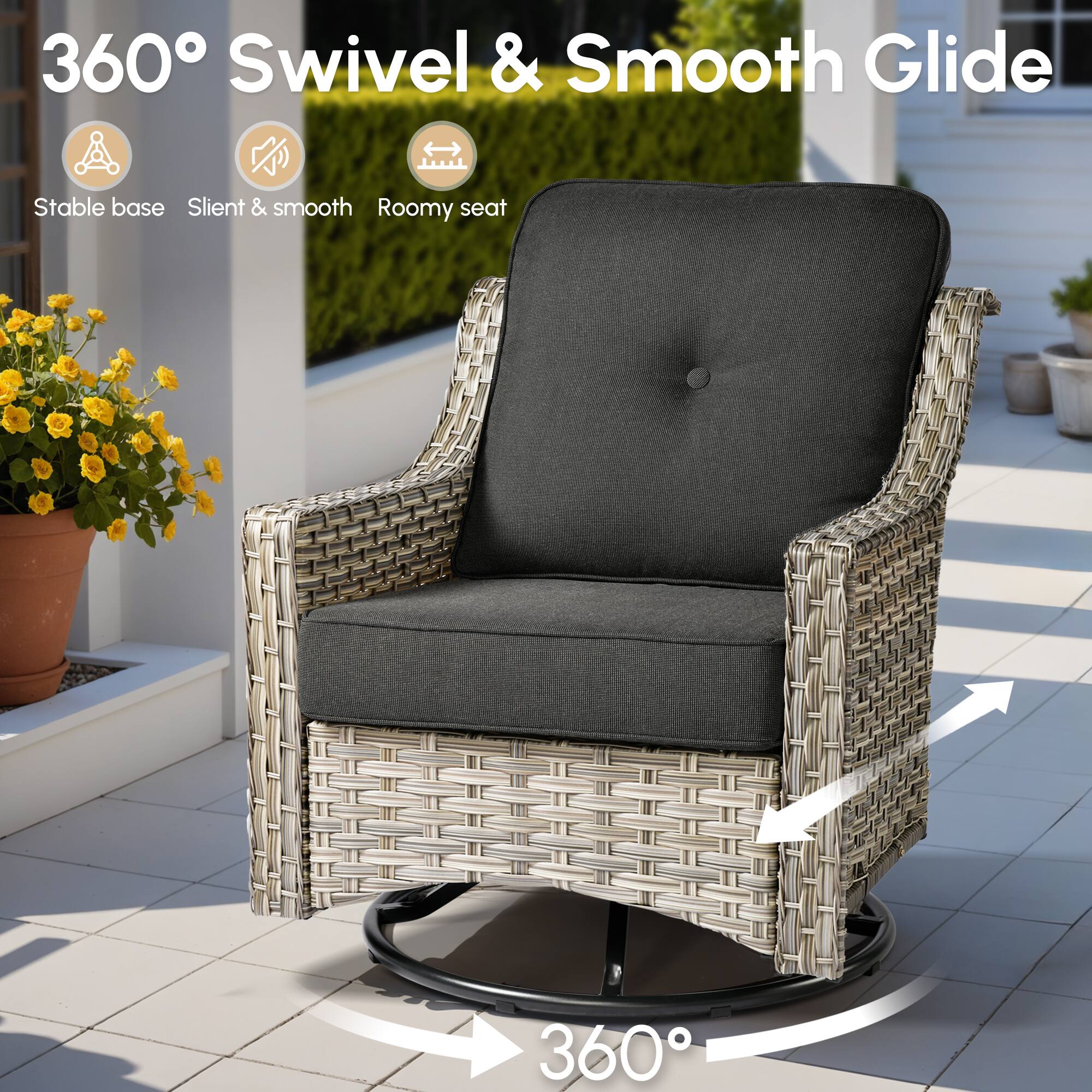 360° Swivel & Smooth Glide

- Stable base
- Silent & smooth
- Roomy seat

360°
