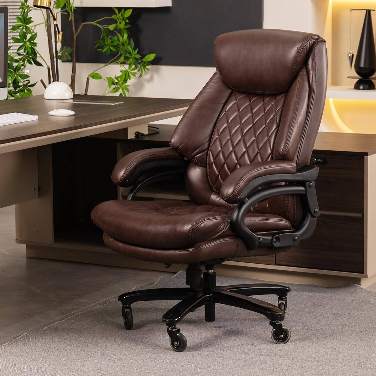 Angle. Forest'nSky - Big & Tall Office Chair for Heavy People - 500lb Capacity Executive Desk Chair with Wide Seat - Brown.