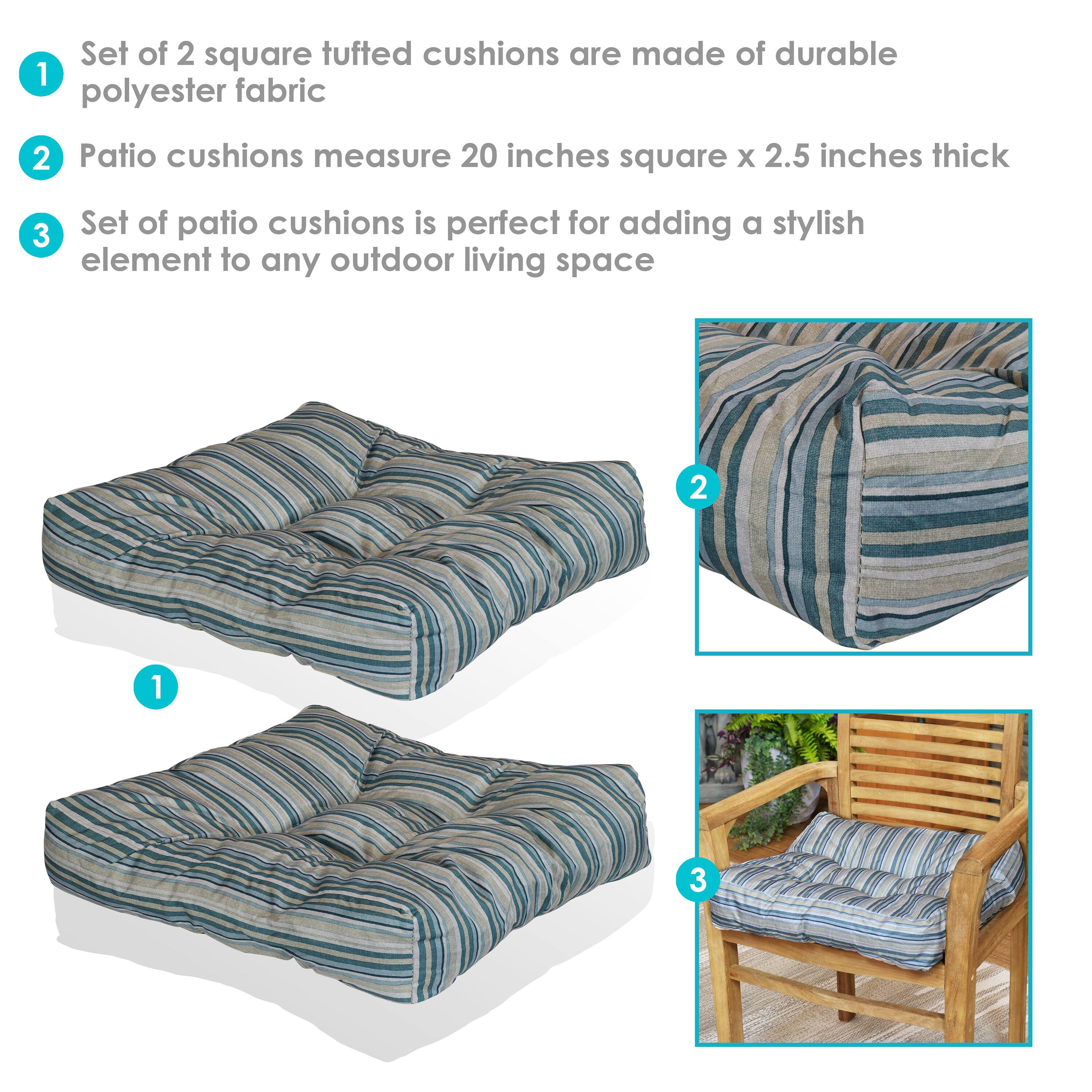 1. Set of 2 square tufted cushions are made of durable polyester fabric  
2. Patio cushions measure 20 inches square x 2.5 inches thick  
3. Set of patio cushions is perfect for adding a stylish element to any outdoor living space