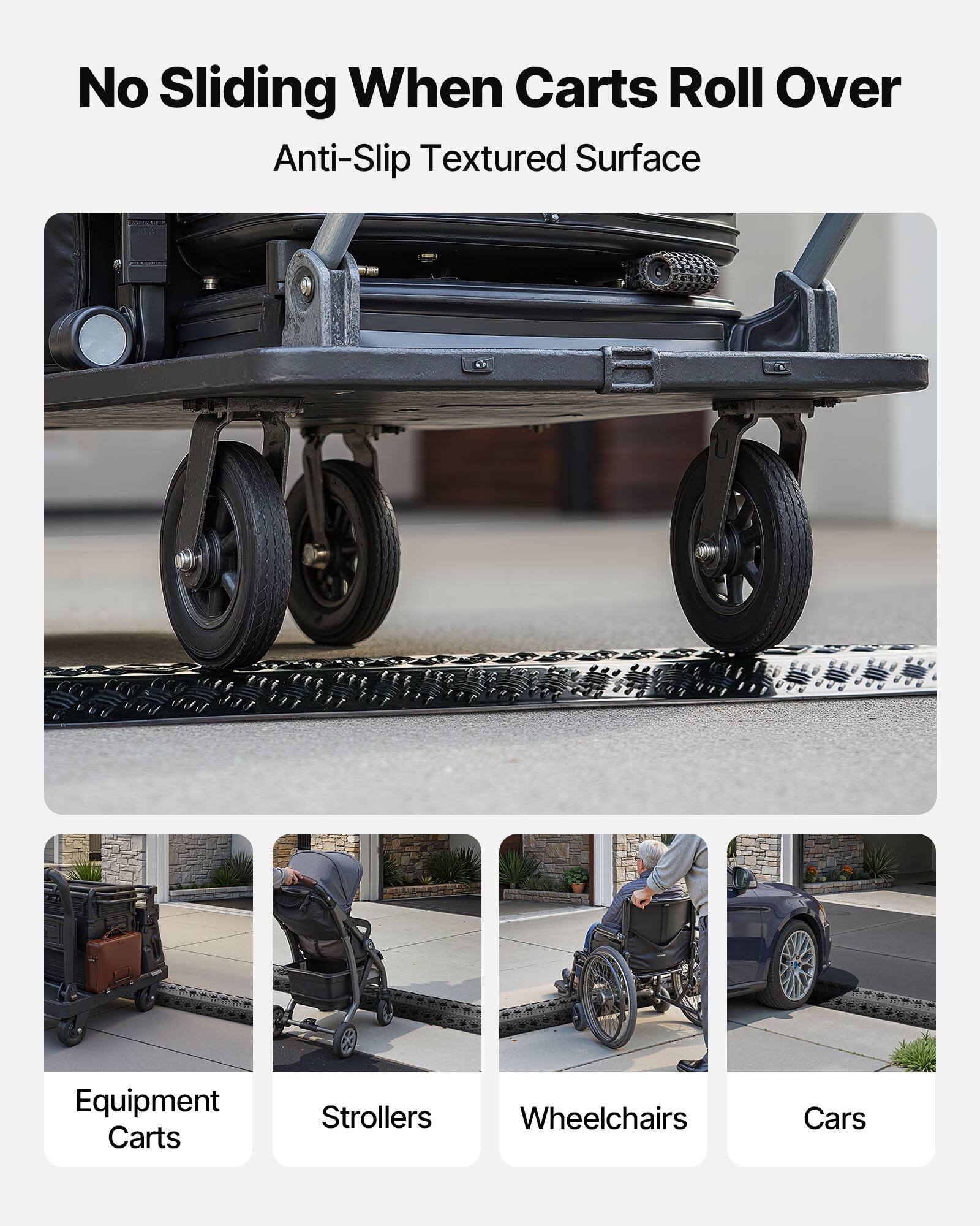 No Sliding When Carts Roll Over  
Anti-Slip Textured Surface  

Equipment Carts  
Strollers  
Wheelchairs  
Cars