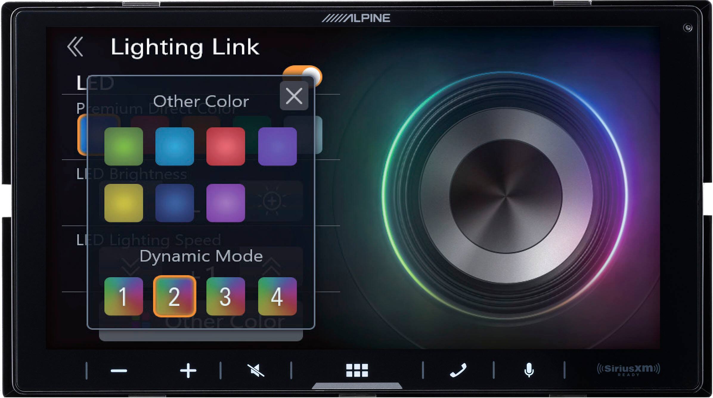 Lighting Link  
LED  
Other Color  
Premium  
LED Brightness  
LED Lighting Speed  
Dynamic Mode  
1  
2  
3  
4  
Other Color  
Siriusxm READY